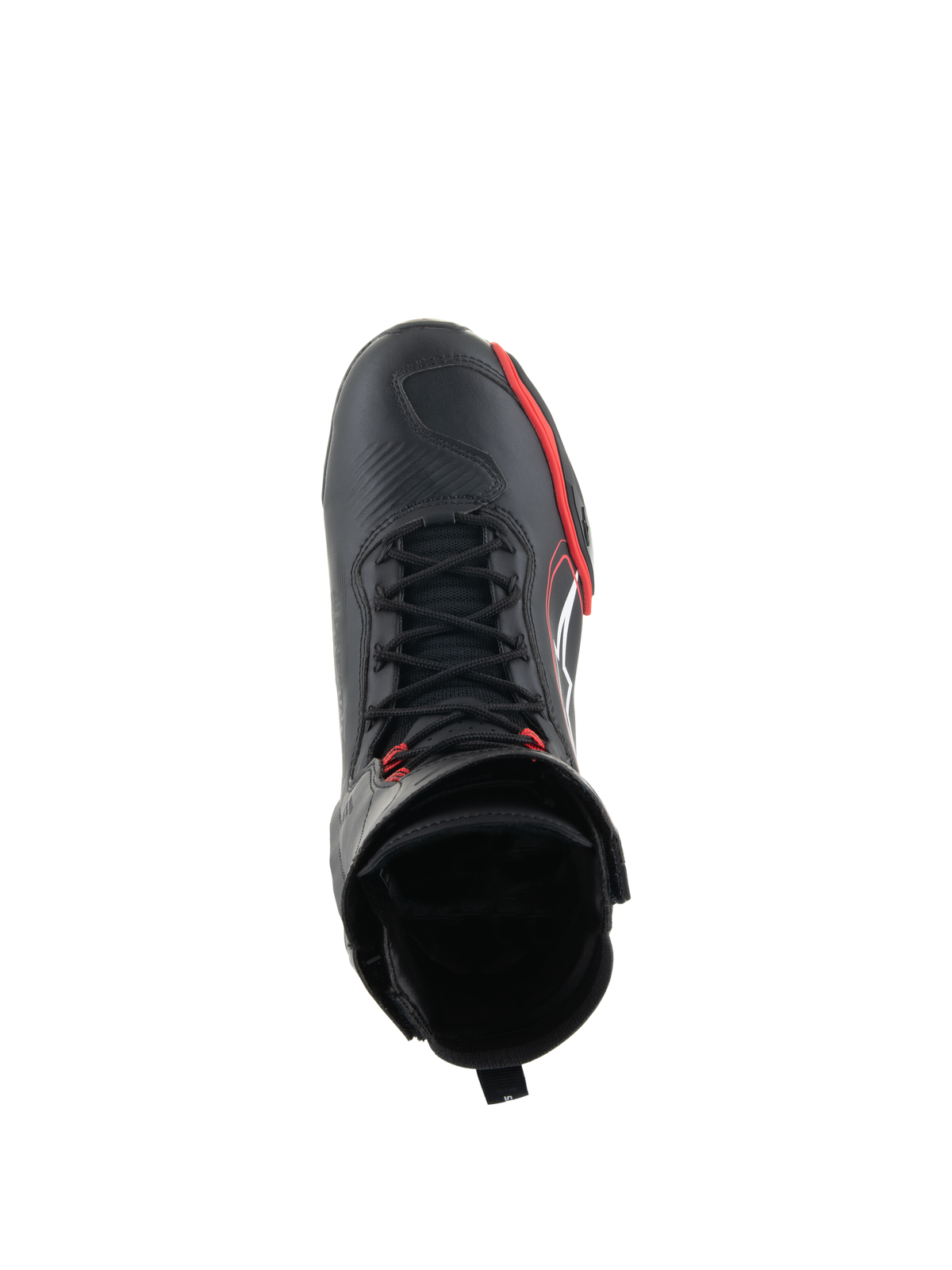 Alpinestars Superfaster schoenen, motorrijschoenen, zwart met felrood en wit, bovenaanzicht met snelsluitsysteem en hoge kraag, professionele uitrusting voor straat- en sportgebruik