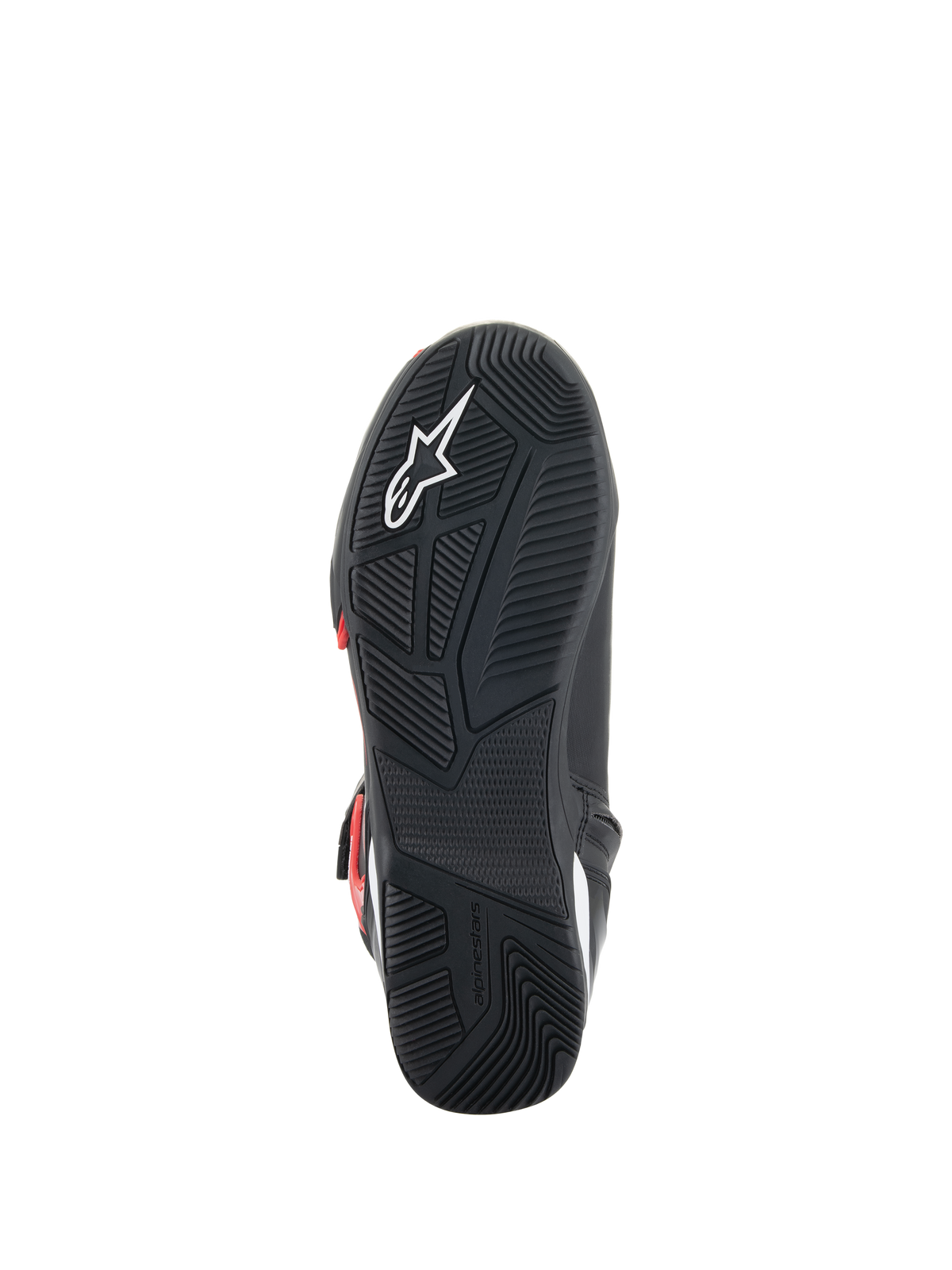 Alpinestars Superfaster schoenen, onderaanzicht zool, zwarte rubberen buitenzool met technisch grippatroon, voorzien van wit Astars-logo en Alpinestars-branding in reliëf, ontworpen voor motorrijden en loopcomfort