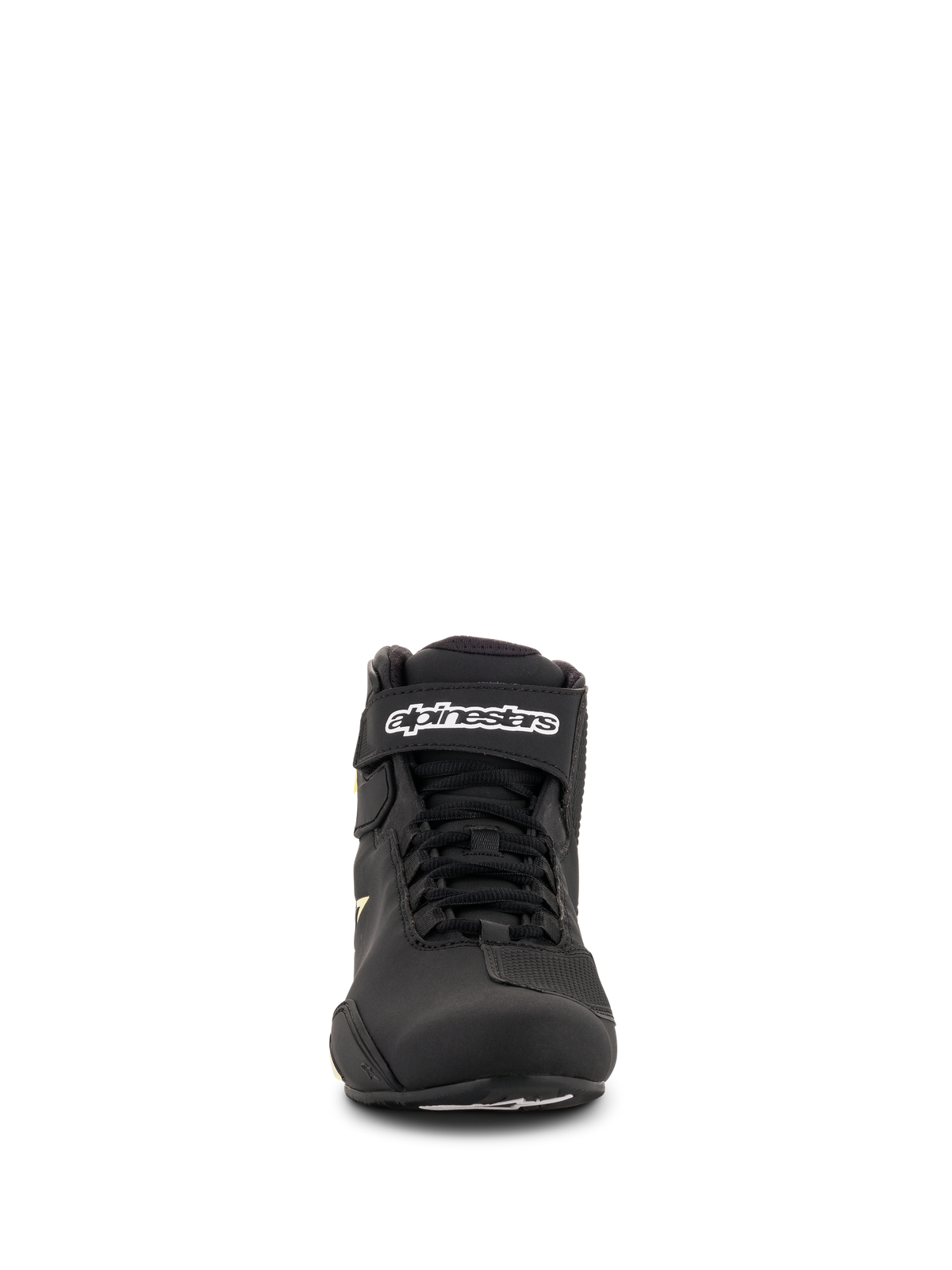 Alpinestars Sektor schoenen, motorschoenen, zwart en fluorgeel, vooraanzicht met snelvetersysteem, enkelbandje met witte branding en lichtgewicht microvezelconstructie