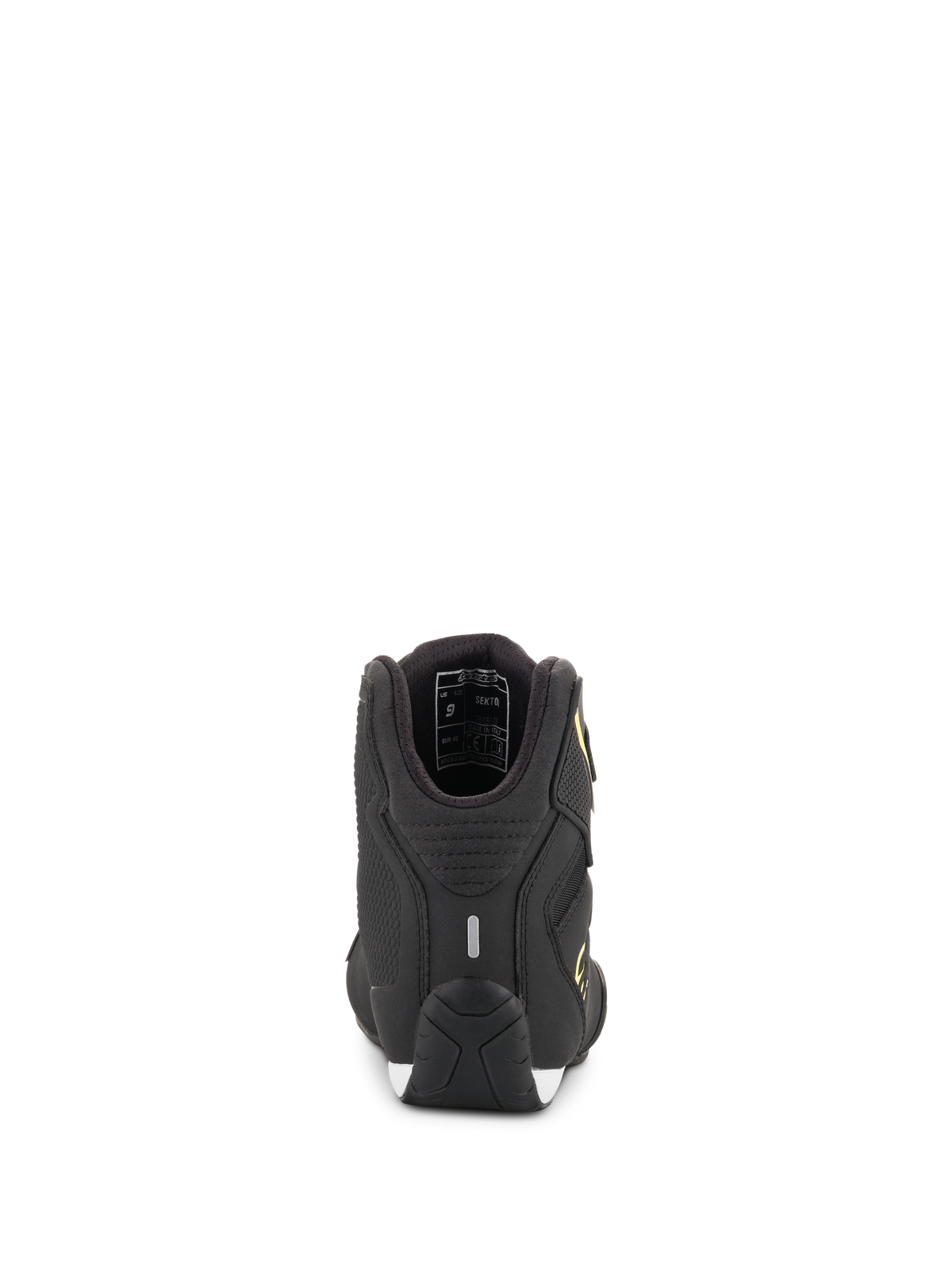 Alpinestars Sektor schoenen, motorschoenen, zwart en geel fluo, achteraanzicht met hiel met reflecterende strip en details van de binnenvoering, getextureerde performance zool