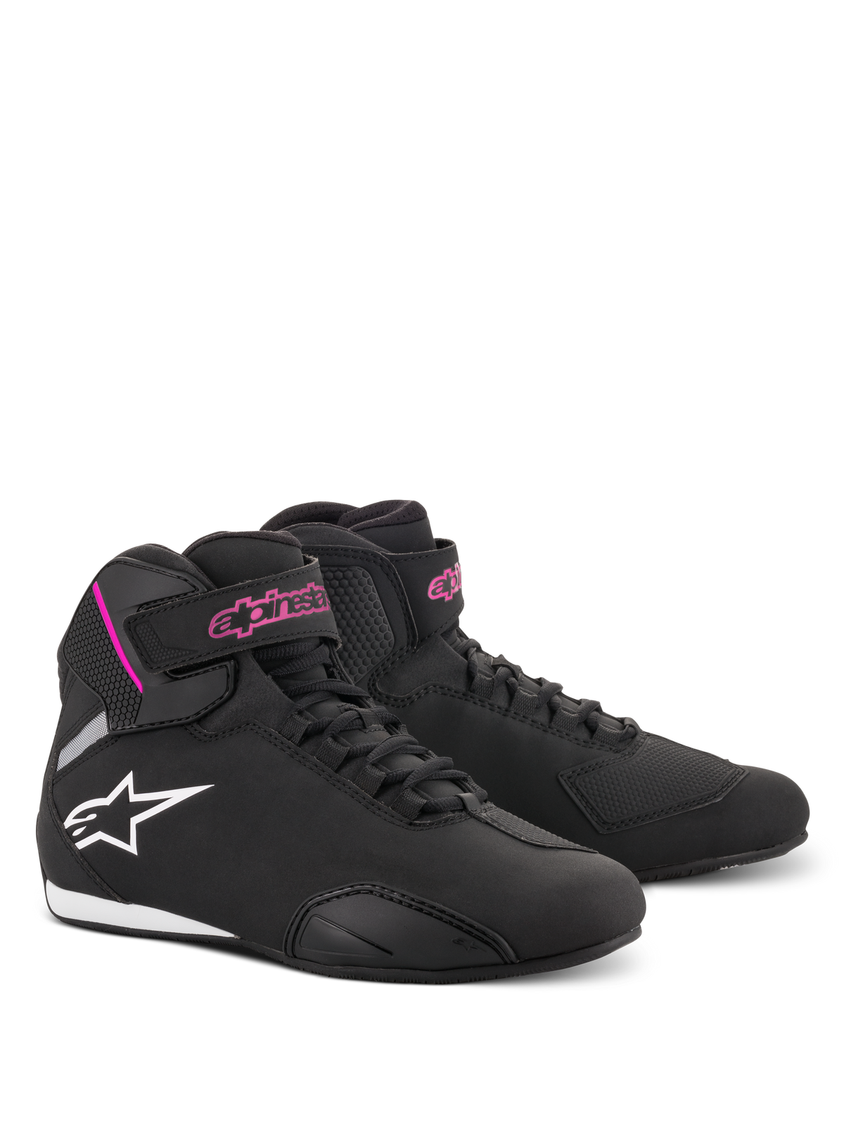Alpinestars Stella Sektor-schoenen voor dames, motorrijdschoenen, zwart en fuchsia, lichtgewicht microvezelconstructie, halfhoog ontwerp met snelvetersluiting en klittenband, roze branding en wit sterlogo, sportief beschermend schoeisel
