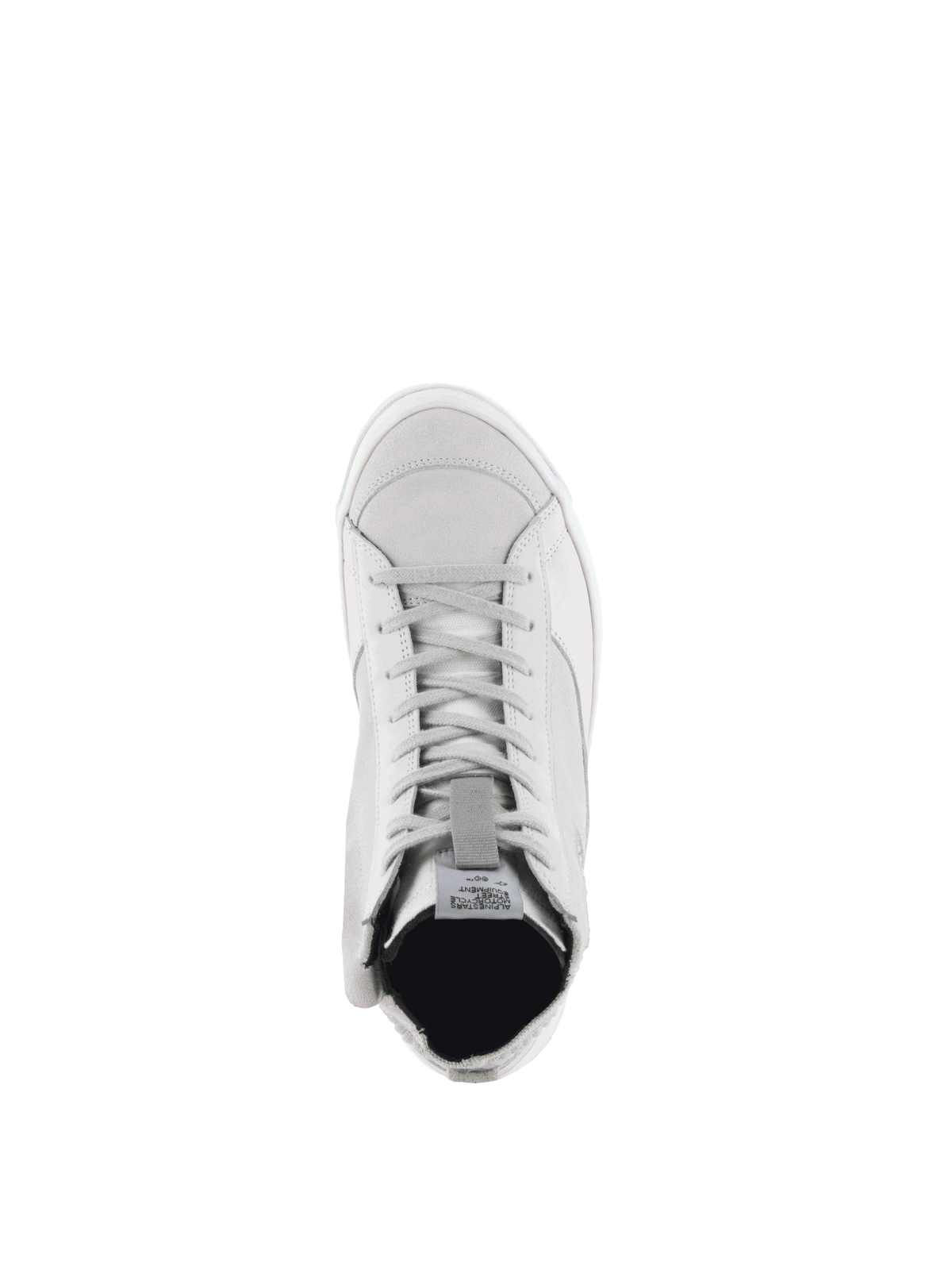 Alpinestars Stella Stated Podium schoenen, witte en koel grijze stedelijke dames-motorlaarzen, bovenaanzicht.