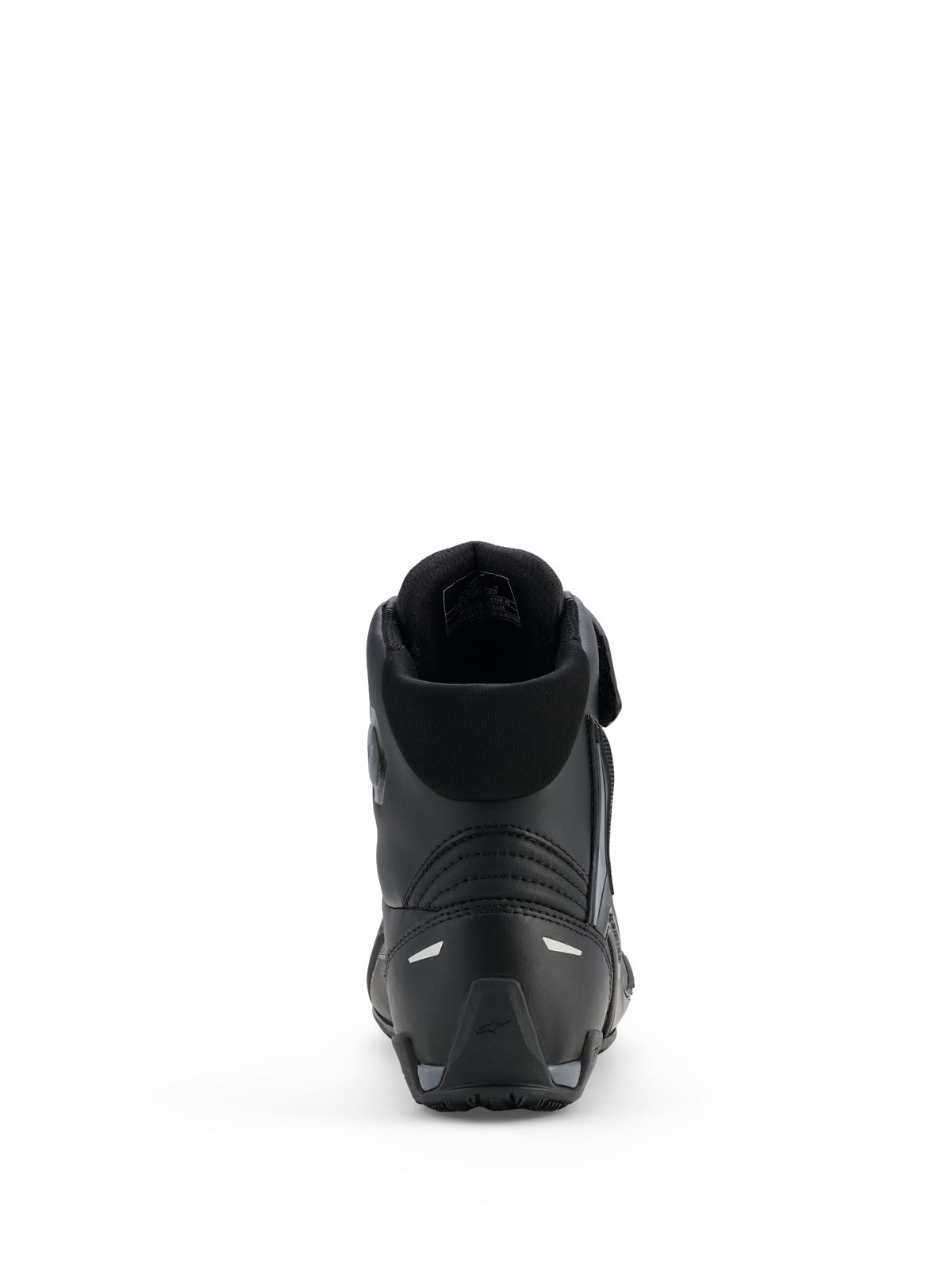 Alpinestars Faster-4 Drystar® schoenen, motorrijschoenen, Black Cool Gray, achteraanzicht met versterkte hiel, gevoerde kraag en reflecterende details, waterdichte microvezelconstructie voor sportief rijden