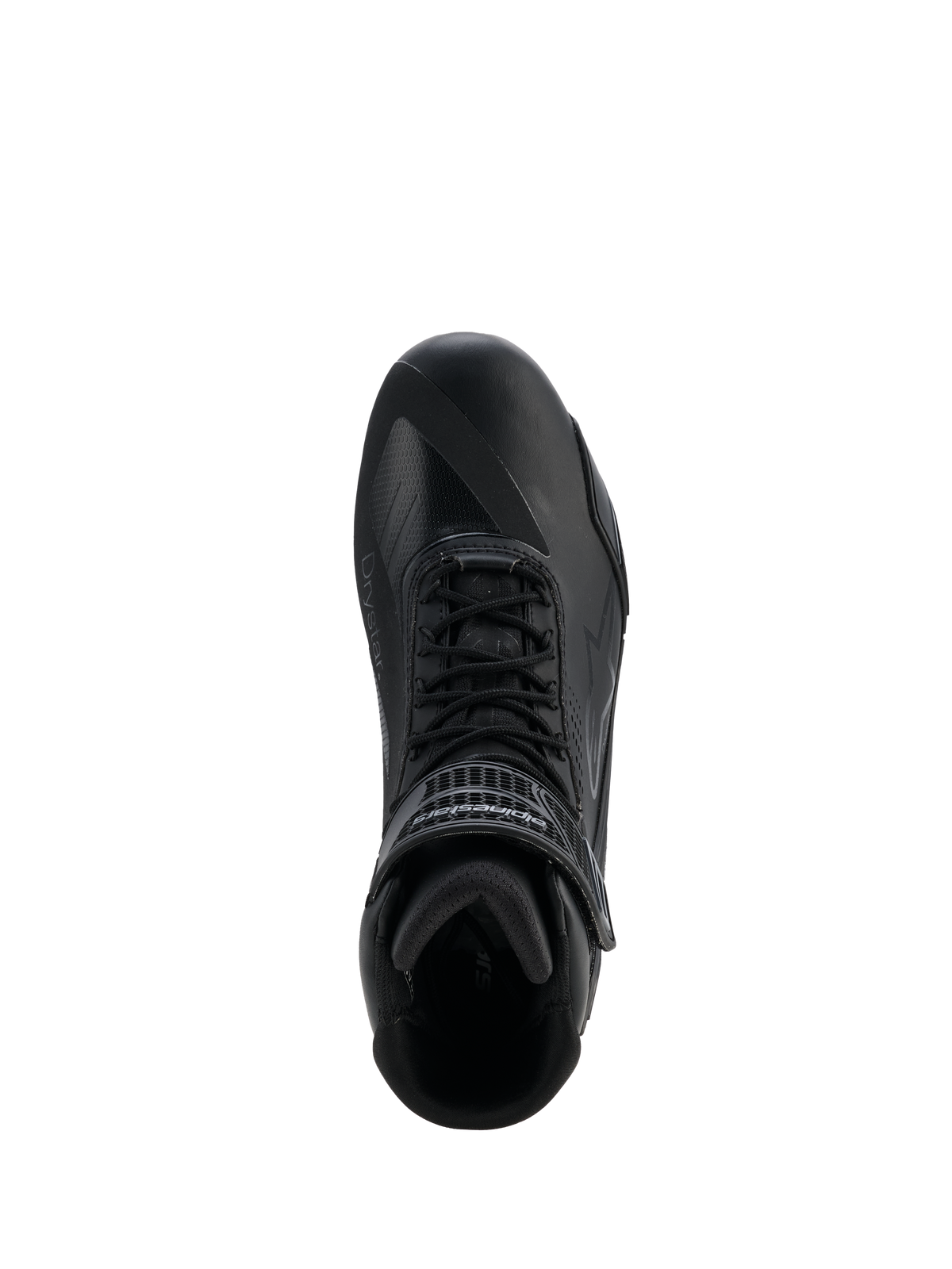 Alpinestars Faster-4 Drystar® schoenen, Black Cool Gray, bovenaanzicht van motorrijschoen, met vetersluiting en een klittenbandsluiting bij de enkel, naadloze microvezelconstructie met Drystar®-branding, gestroomlijnd sportief profiel voor beschermend rijden op de weg.