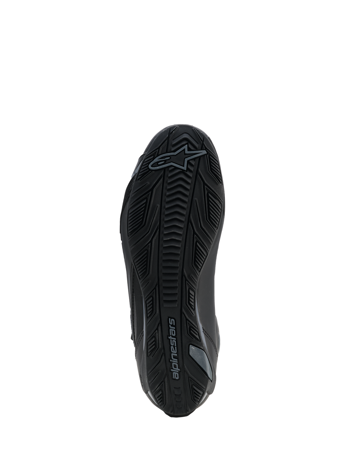 Alpinestars Faster-4 Drystar® schoenen, Black Cool Gray, onderaanzicht van de rubberen zool met textuur, grippatroon en Alpinestars-logo, verstevigd ontwerp voor stabiliteit en tractie