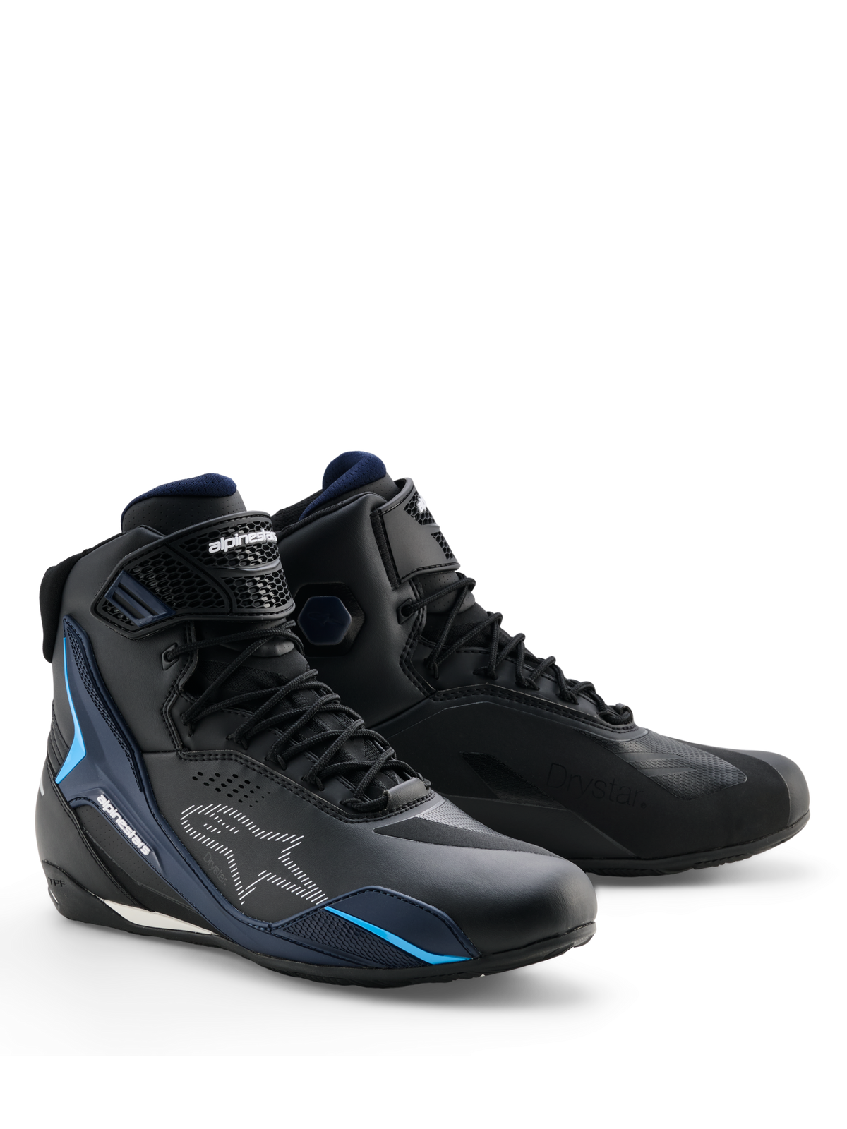 Alpinestars Faster-4 Drystar® schoenen, waterdichte motorschoenen, Black Night Navy Cyan, voorzien van witte Alpinestars-logo's en cyaanblauwe accenten, sportief ontwerp met vetersluiting en klittenbandsluiting