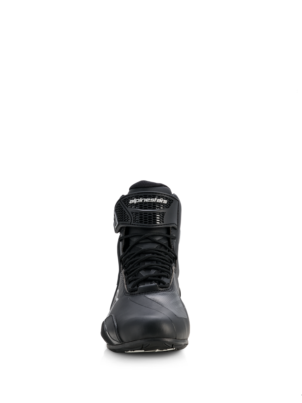 Alpinestars Stella Faster-4 Drystar® damesschoenen, motorschoenen, zwart met zilveren accenten, vooraanzicht met vetersluiting en enkelband met klittenband en merklogo, gestroomlijnd waterdicht ontwerp voor sport- en weggebruik