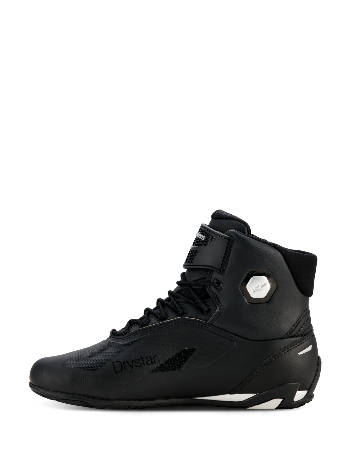Alpinestars Stella Faster-4 Drystar® damesschoenen, zwart en zilver, zijaanzicht, waterdichte motorrijschoenen met bovenwerk van microvezel, vetersluiting en klittenband, voorzien van Drystar-logo en zilveren enkellogo.