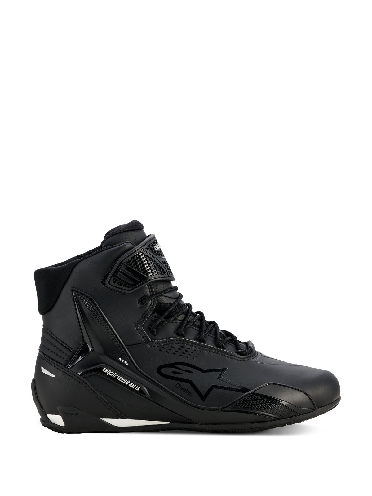 Alpinestars Stella Faster-4 Drystar schoenen, motorschoenen voor dames, zwart en zilver, hoog model, vetersluiting met klittenband enkelband, naadloos microvezel bovenwerk, waterdichte technologie, witte accenten op de zool en hiel