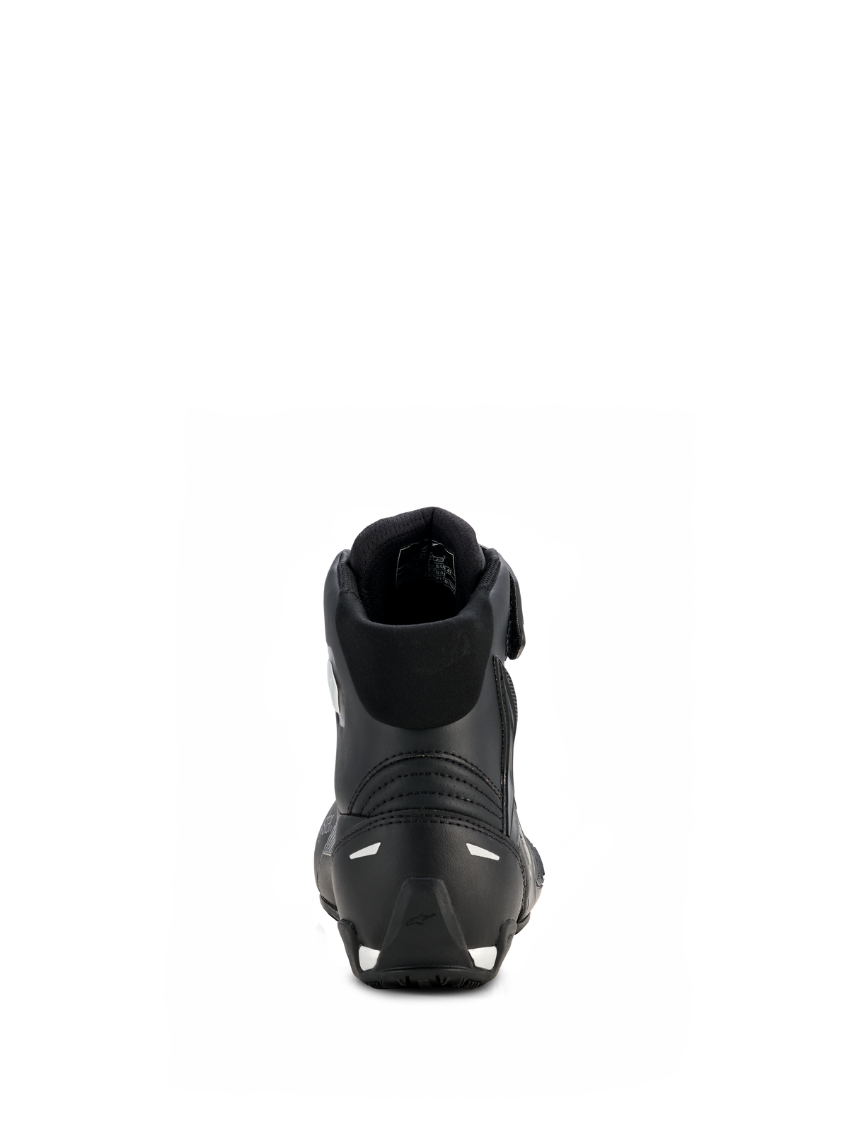 Alpinestars Stella Faster-4 Drystar® damesschoenen, zwart en zilver, achteraanzicht met versterkte hiel met zilveren accenten, gevoerde kraag en waterdicht microvezelontwerp