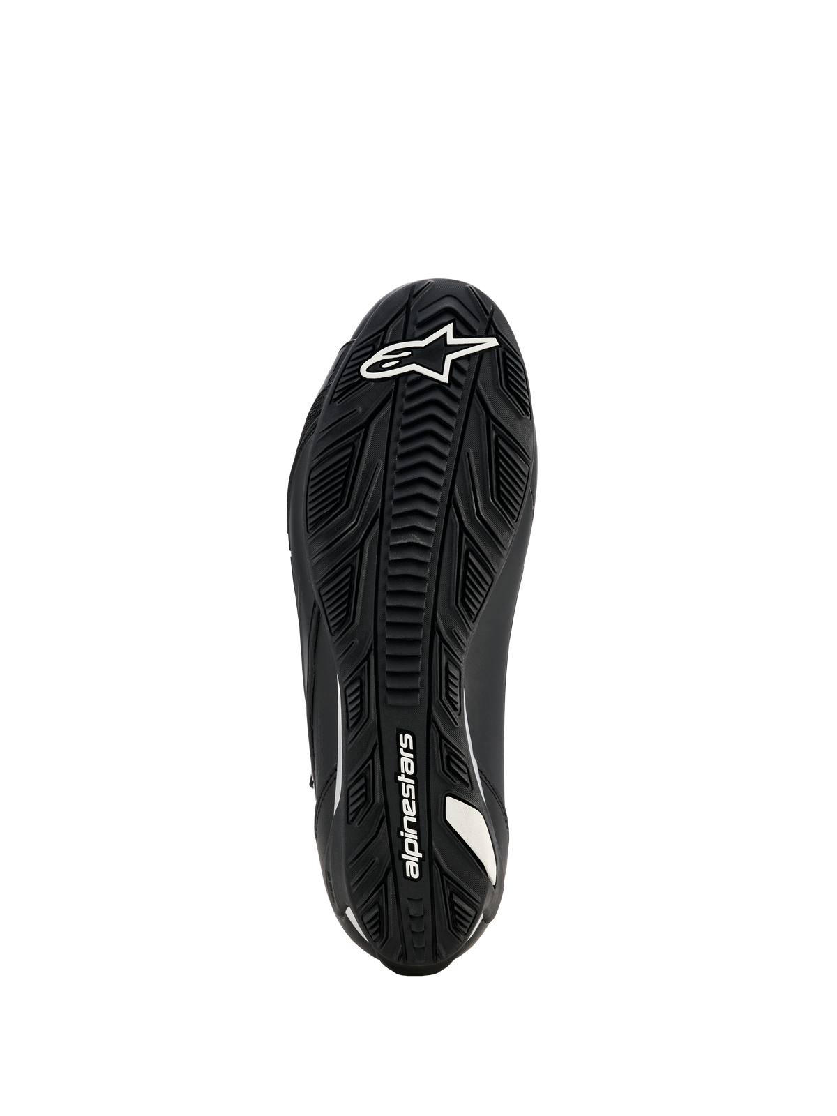 Alpinestars Stella Faster-4 Drystar damesschoenen, motorschoenen, zwart, aanzicht van de zool met getextureerde rubberen buitenzool, wit Alpinestars-logo en branding, ontworpen voor superieure grip en duurzaamheid.