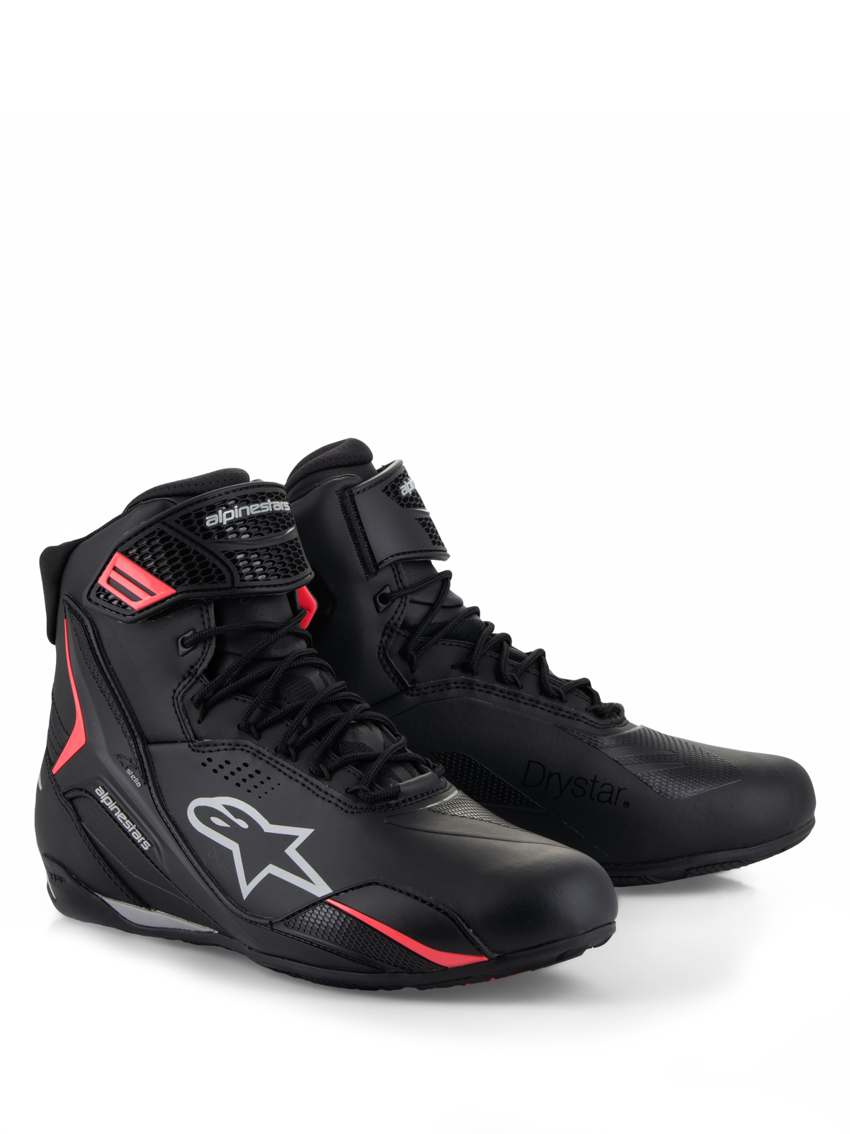 Alpinestars Stella Faster-4 Drystar® schoenen, dames motorschoenen, zwart grijs en koraal fluo, voorzien van waterdichte Drystar®-technologie, vetersluiting met stevige klittenbandsluiting, en opvallende koraalrode accenten met witte Alpinestars-branding