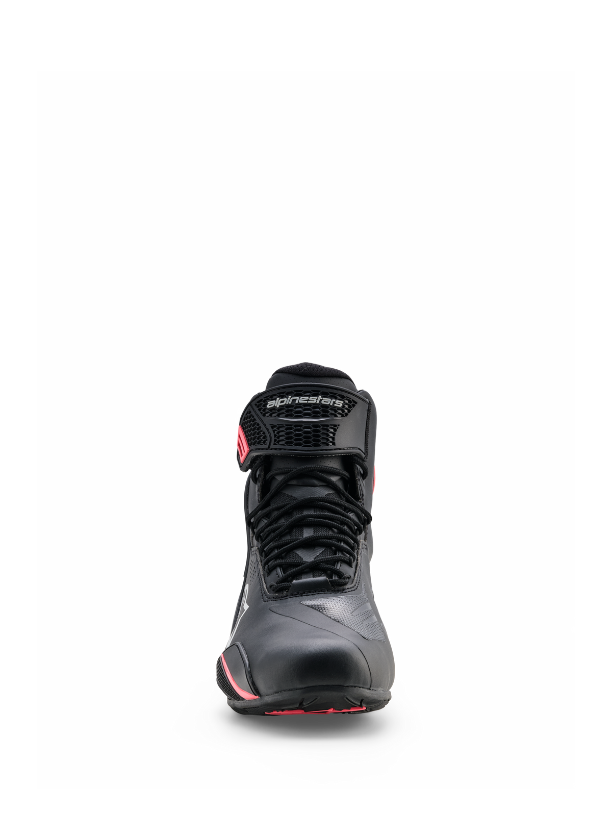 Alpinestars Stella Faster-4 Drystar® schoenen, motorrijschoenen voor dames, zwart grijs en koraal fluo, vooraanzicht met vetersluiting, beschermende enkelband met merklogo en koraalrode accenten