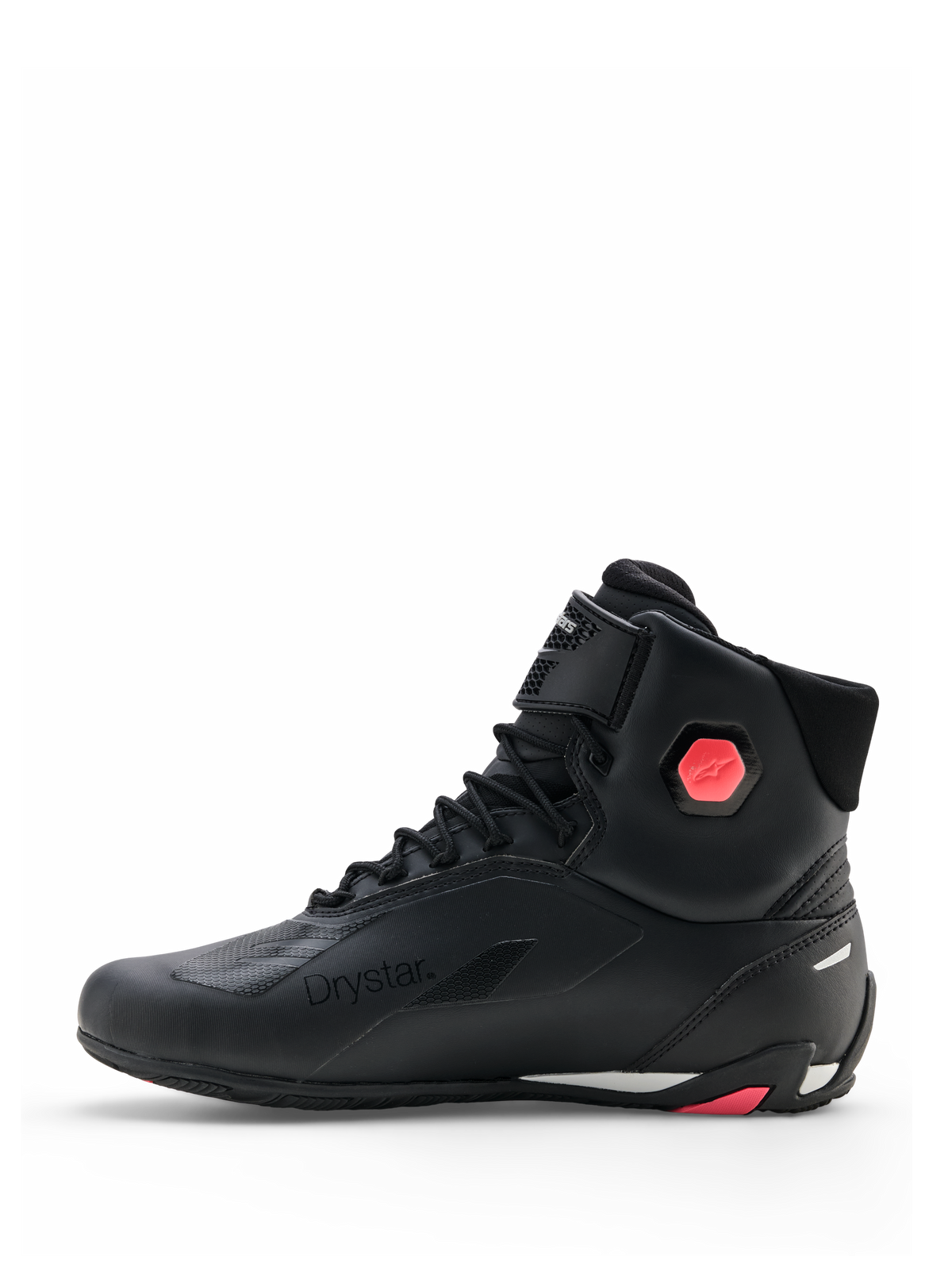 Alpinestars Stella Faster-4 Drystar® schoenen, dames motorschoenen, zwart en koraalrood fluo, zijaanzicht met naadloos bovenwerk van microvezel, vetersluiting en koraalkleurig enkelbeschermingsdetail
