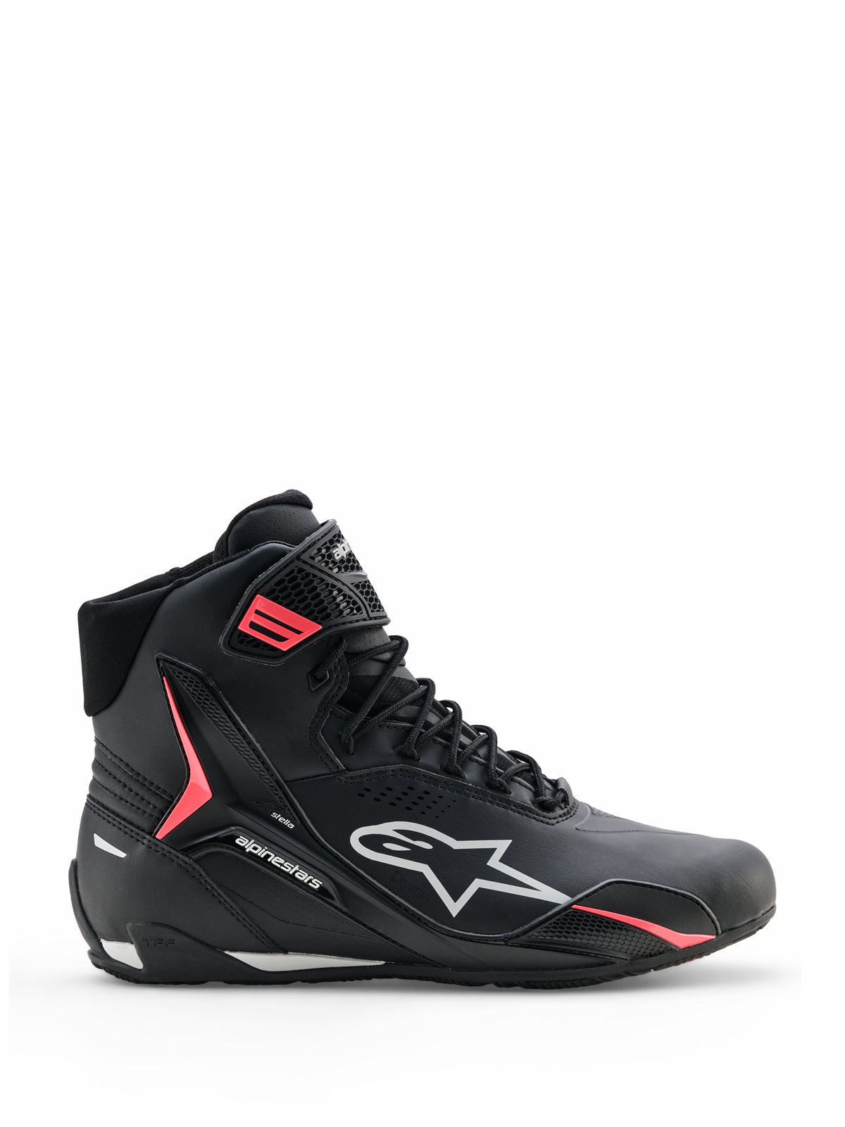 Alpinestars Stella Faster-4 Drystar schoenen, motorrijschoenen voor dames, zwart met grijze en Coral Fluo accenten, halfhoog model met merklogo op de zijkant en klittenbandsluiting, waterdicht microvezel voor sportief rijden