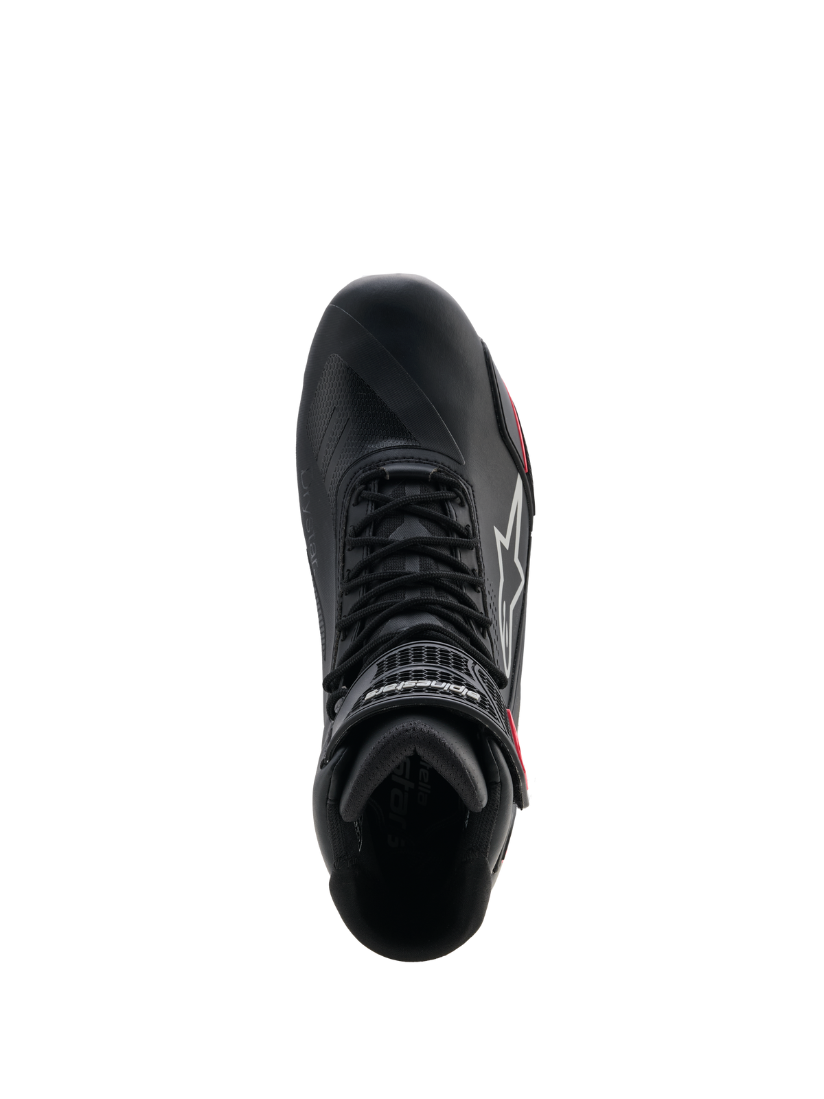 Alpinestars Stella Faster-4 Drystar® damesschoenen, motorschoenen, zwart, grijs en koraal fluo, bovenaanzicht met vetersysteem en klittenbandsluiting bij de enkel, strak microfiber design met waterdichte Drystar®-technologie
