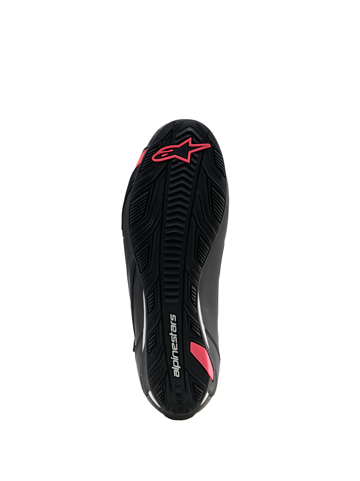 Alpinestars Stella Faster-4 Drystar® schoenen, motorfietsschoenen voor dames, zwart en Coral Fluo, onderaanzicht van de getextureerde rubberen zool met grippatroon, Astars-logo en Alpinestars-branding.