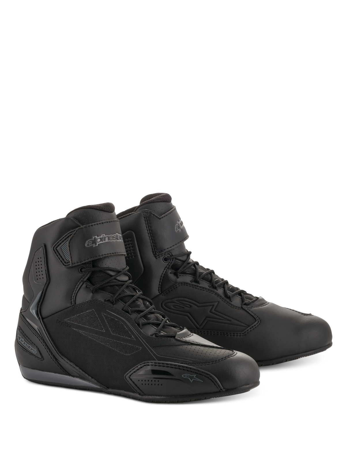 Alpinestars Faster-3 Drystar® motorschoenen, motorlaarzen, zwart en koel grijs, hoog model met vetersluiting en klittenbandsluiting bij de enkel, gestroomlijnd microfiber chassis met beschermende panelen, waterdicht schoeisel voor op de weg.