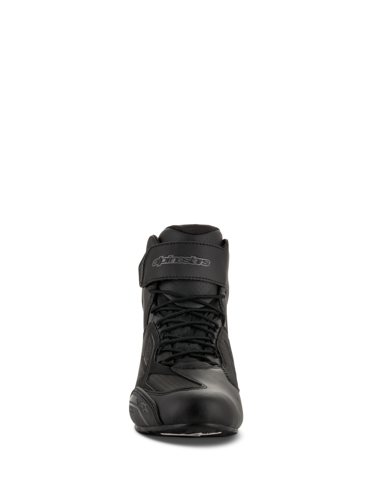 Alpinestars Faster-3 Drystar® motorschoenen, Black Cool Gray, vooraanzicht met vetersluiting en klittenband enkelbandje, waterdichte microfiber motorschoenen