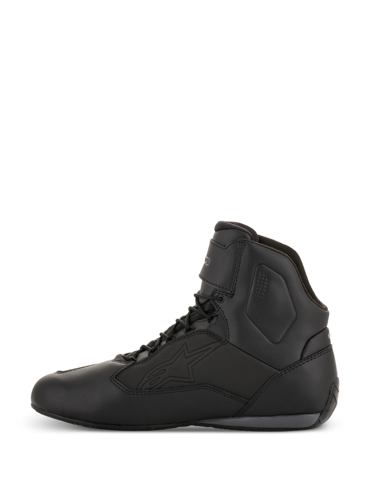Alpinestars Faster-3 Drystar® motorschoenen, motorrijschoenen, Black Cool Gray, zijaanzicht, hoog model met veters, waterdichte microfiber constructie, technische uitrusting voor op de weg