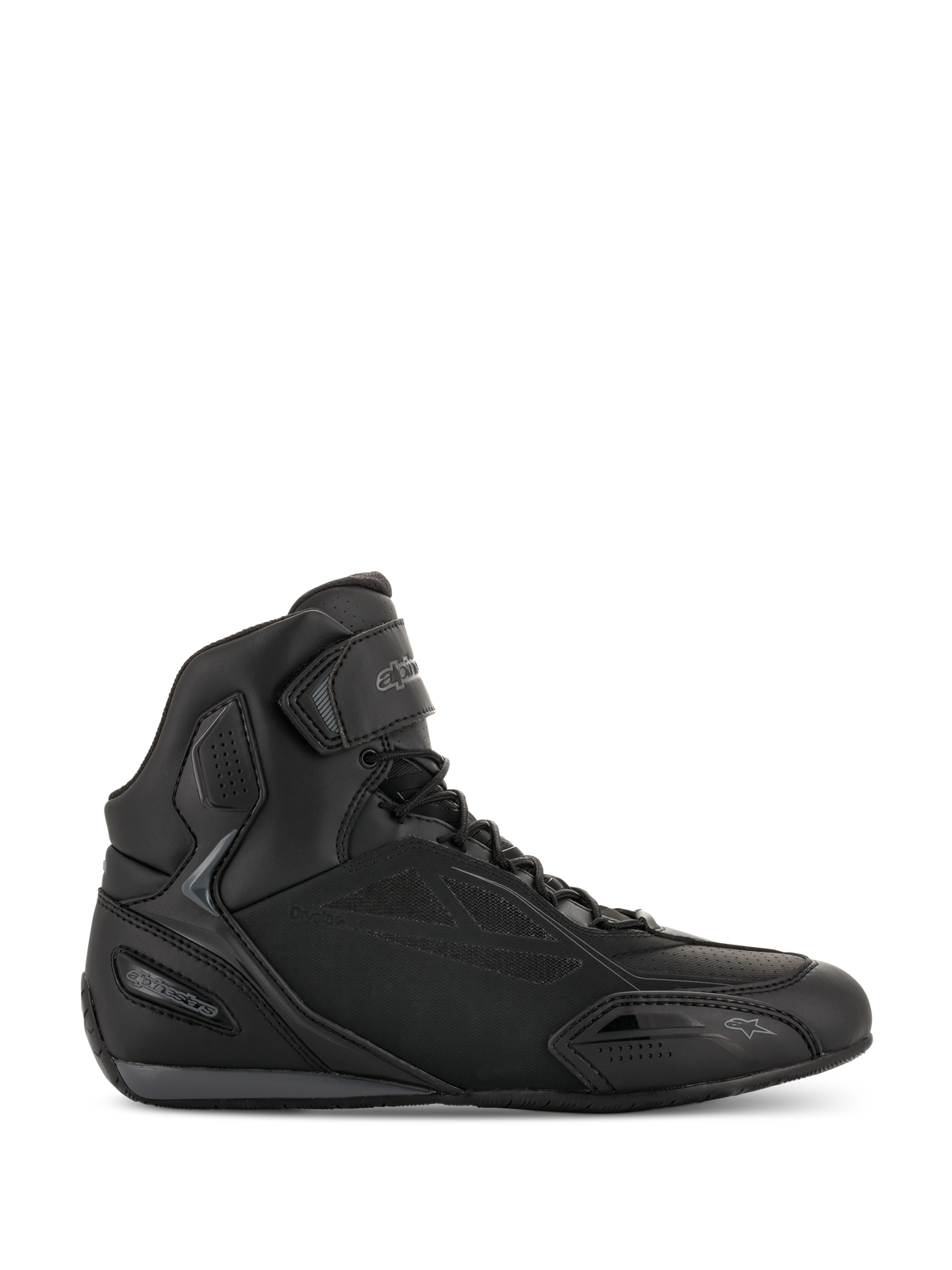 Alpinestars Faster-3 Drystar rijschoenen, motorsneakers in zwart en koel grijs, hoog model met vetersluiting en klittenbandsluiting, waterdicht microfiber chassis, sportief schoeisel voor op de weg