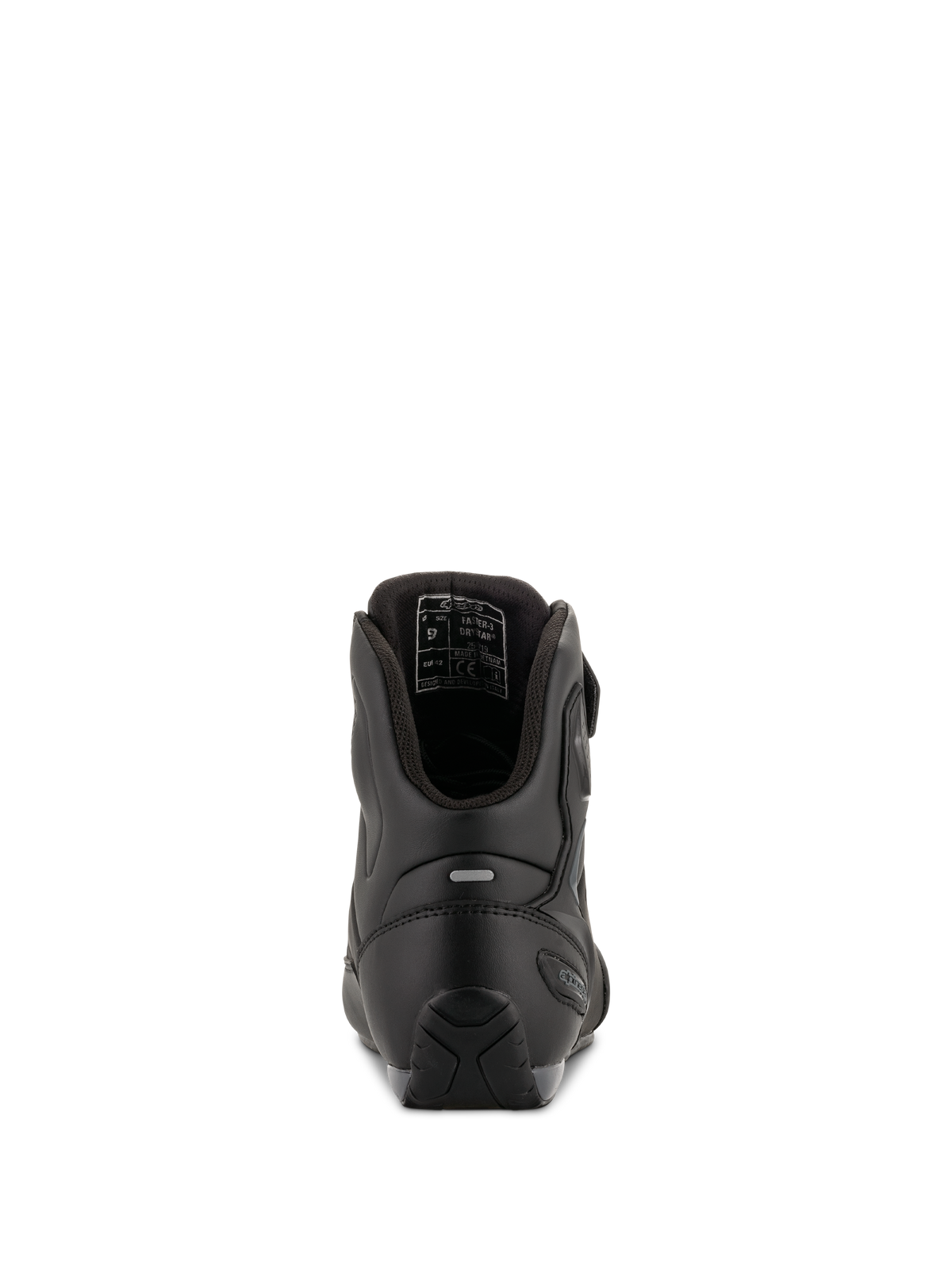 Alpinestars Faster-3 Drystar® motorschoenen, Black Cool Gray, achteraanzicht met hielversteviging, reflecterend detail en interne voering, waterdichte microfiber constructie voor straatgebruik