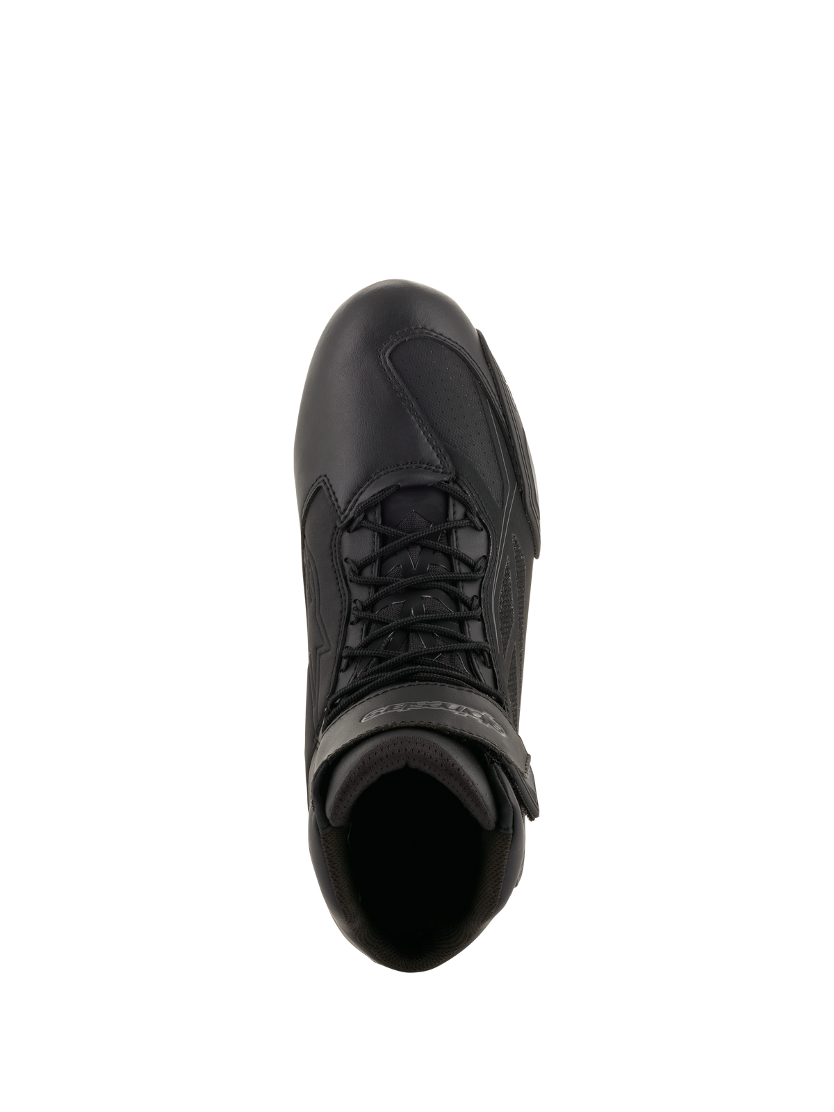 Alpinestars Faster-3 Drystar® motorschoenen, motorrijschoenen, zwart en cool gray, bovenaanzicht met microvezel chassis, zwarte veters en klittenband enkelband, technisch sportief ontwerp voor wegrijden in alle weersomstandigheden.