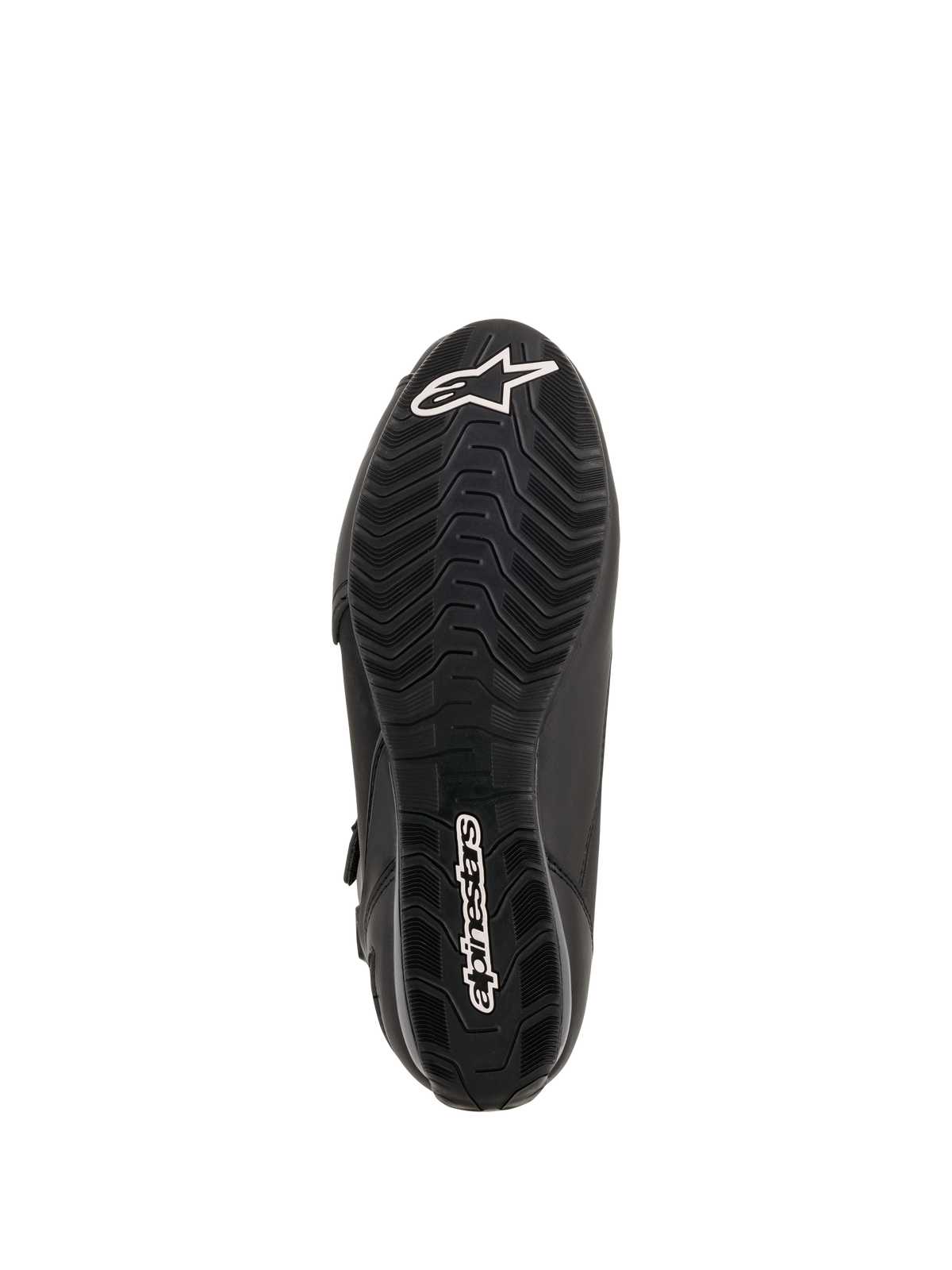 Alpinestars Faster-3 Drystar® motorschoenen, onderaanzicht van de zool, zwart rubber met golvend profielpatroon, wit Alpinestars sterlogo op de neus en woordmerk op de hiel, technisch motorschoeisel.