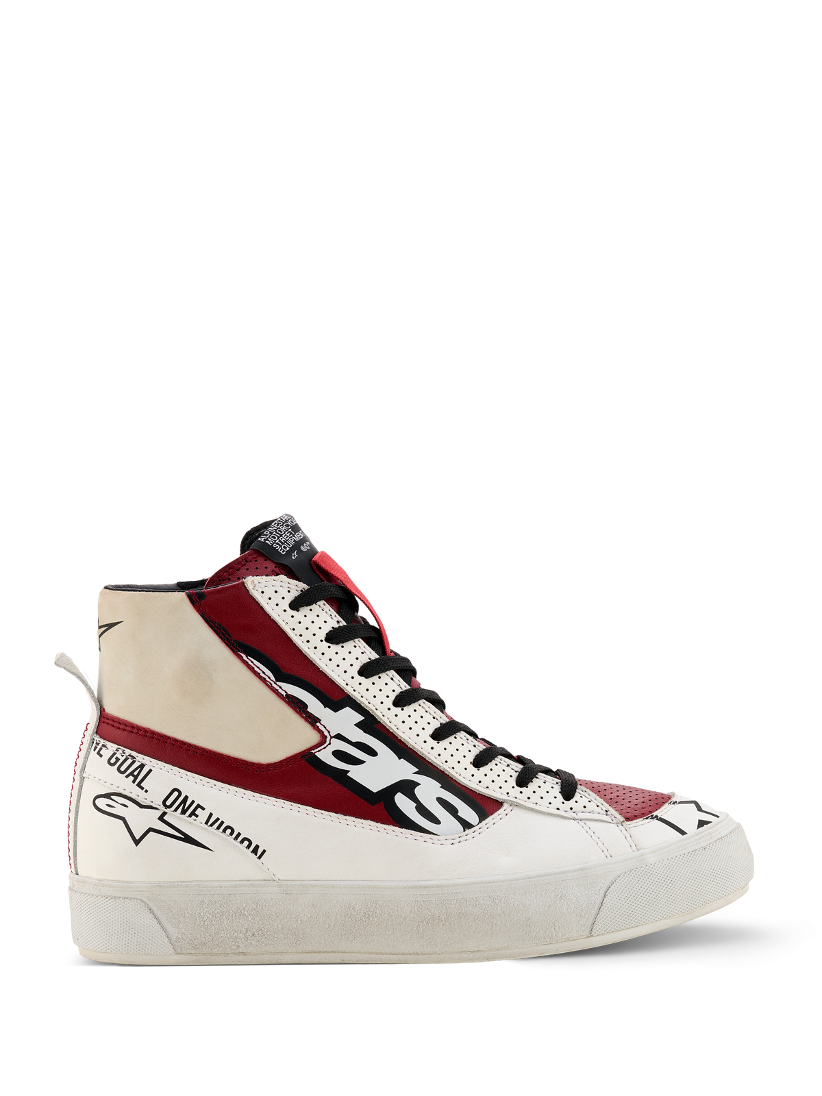 Alpinestars Stella Stated Flair schoenen, hoge dames sneakers, rood, wit en zwart, op de motorsport geïnspireerd ontwerp met "one goal one vision" branding, witte zool met textuur, treklusje, constructie van leer en stof