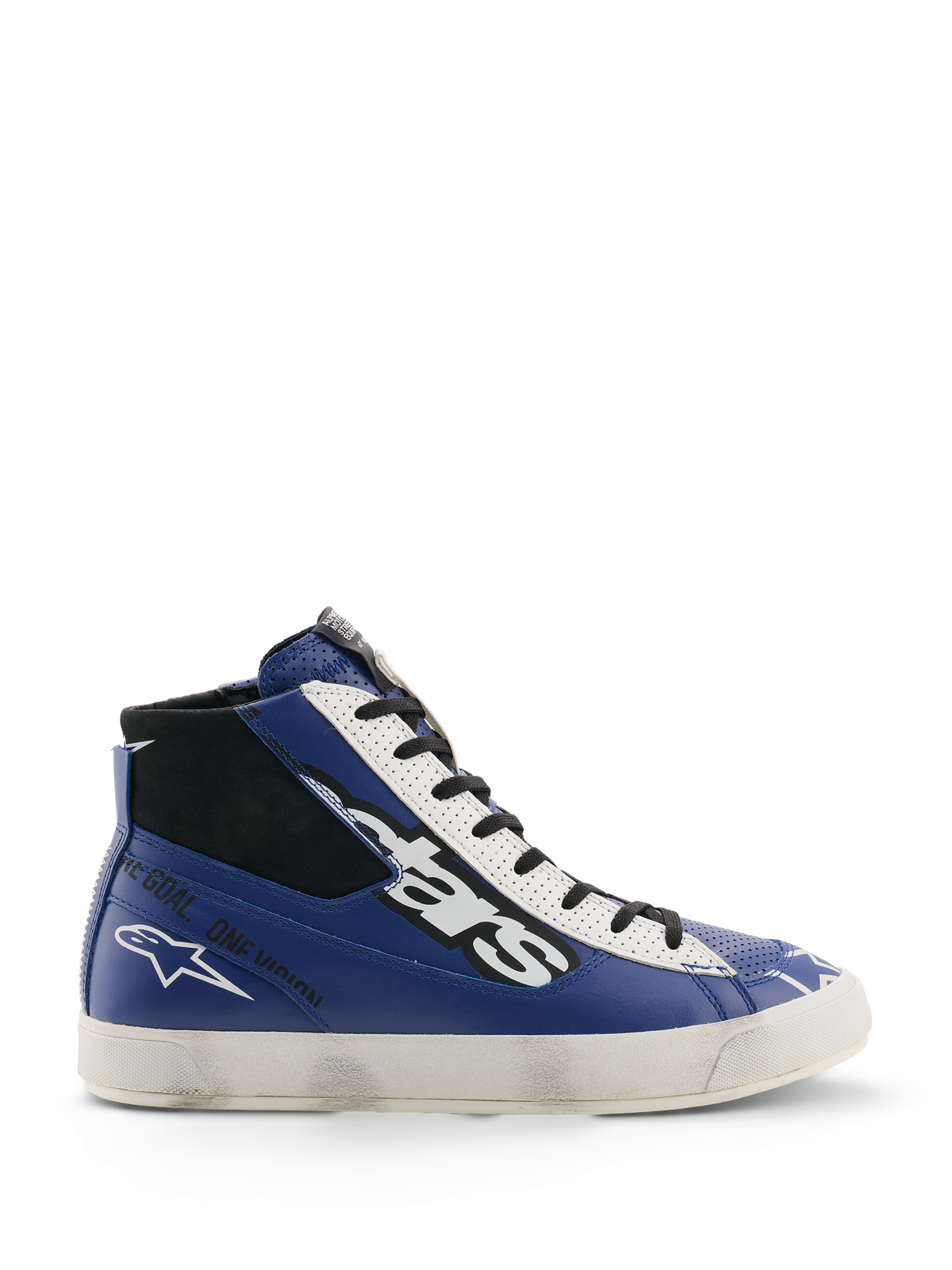 Alpinestars Stated Flair schoenen, stedelijke motorschoenen, helderblauw, wit en zwart, high-top leren constructie met een groot wit en zwart 'stars' logo, 'One Goal. One Vision.' tekst op de zijkant en een vintage-geïnspireerde witte gevulkaniseerde zool met een handmatig aangebracht versleten effect
