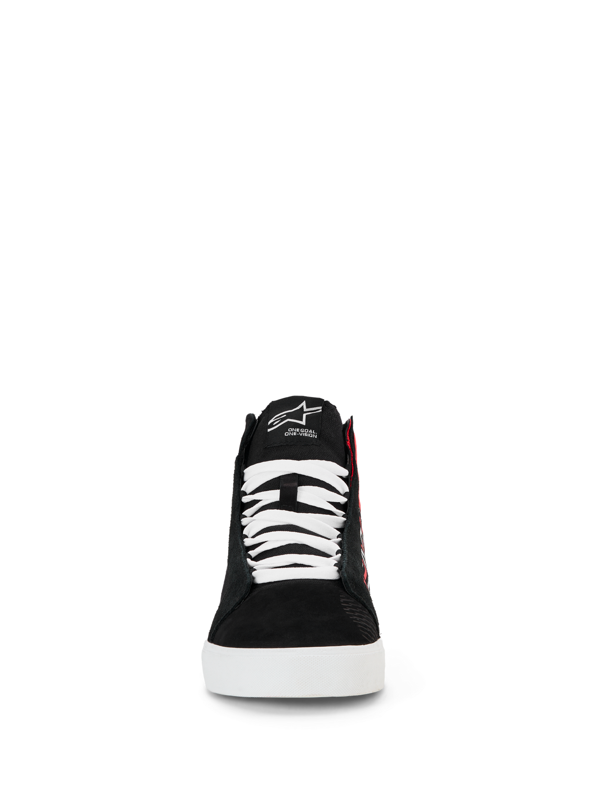 Alpinestars FQ20 Ride-63 Canvas schoenen, urban motorschoenen, zwart, wit en felrood, vooraanzicht van een hoog silhouet met witte veters, zwart canvas bovenwerk en witte zool, met geborduurd logo op de tong en casual skate-geïnspireerd ontwerp