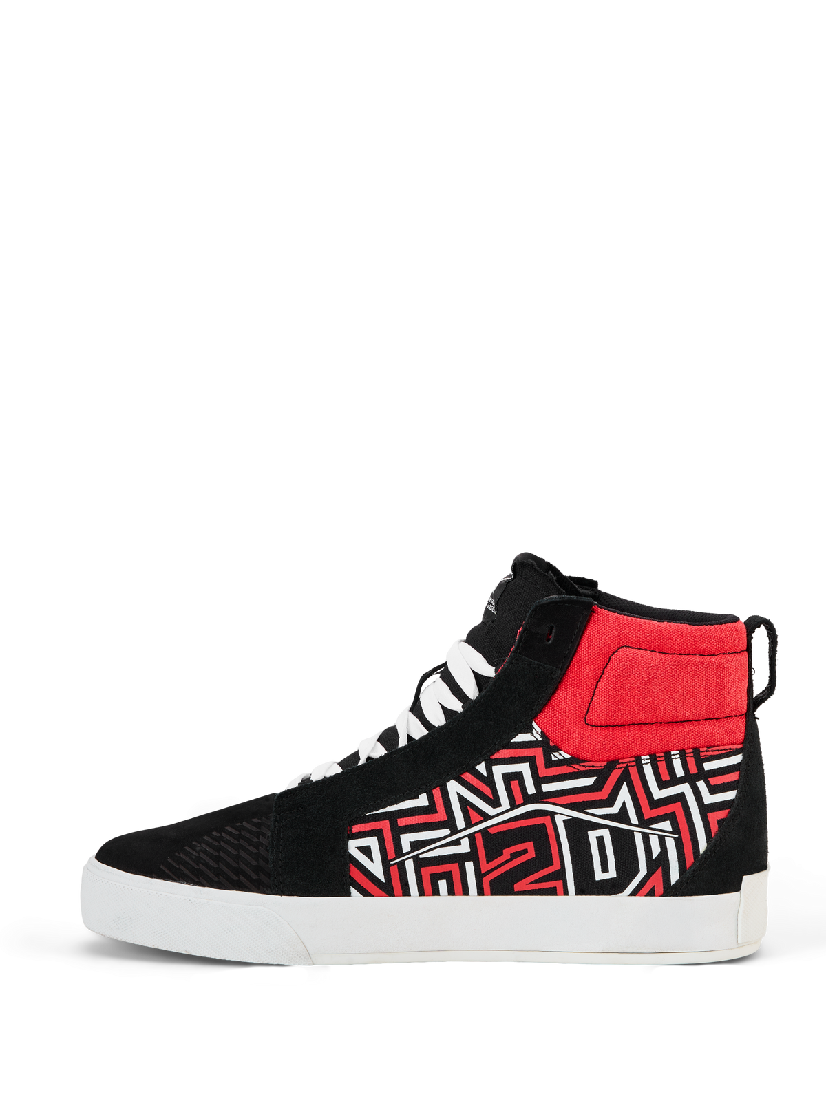 Alpinestars FQ20 Ride-63 canvas schoenen, hoge motorschoenen, zwart, wit en felrood, voorzien van een gestileerd grafisch patroon aan de zijkant, witte veters en een dikke witte gevulkaniseerde zool, casual skate-stijl ontwerp voor stedelijk rijden