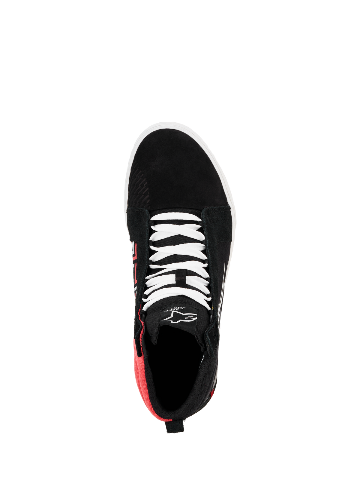 Alpinestars FQ20 Ride-63 Canvas schoen, bovenaanzicht, zwart met witte veters en Bright Red hielsectie, hoge casual rijschoen met Alpinestars-logo op de tong
