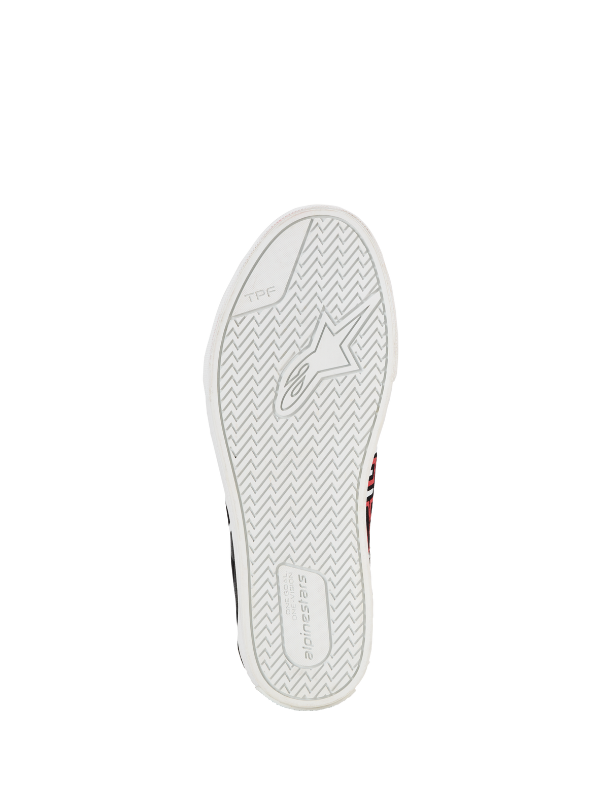 Alpinestars FQ20 Ride-63 Canvas Schoenen, stedelijke motorschoenen, zoolaanzicht met wit gevulkaniseerd rubber en een getextureerd visgraatprofiel, Alpinestars-logo en TPF-markering, ontworpen voor grip en comfort op en naast de motor