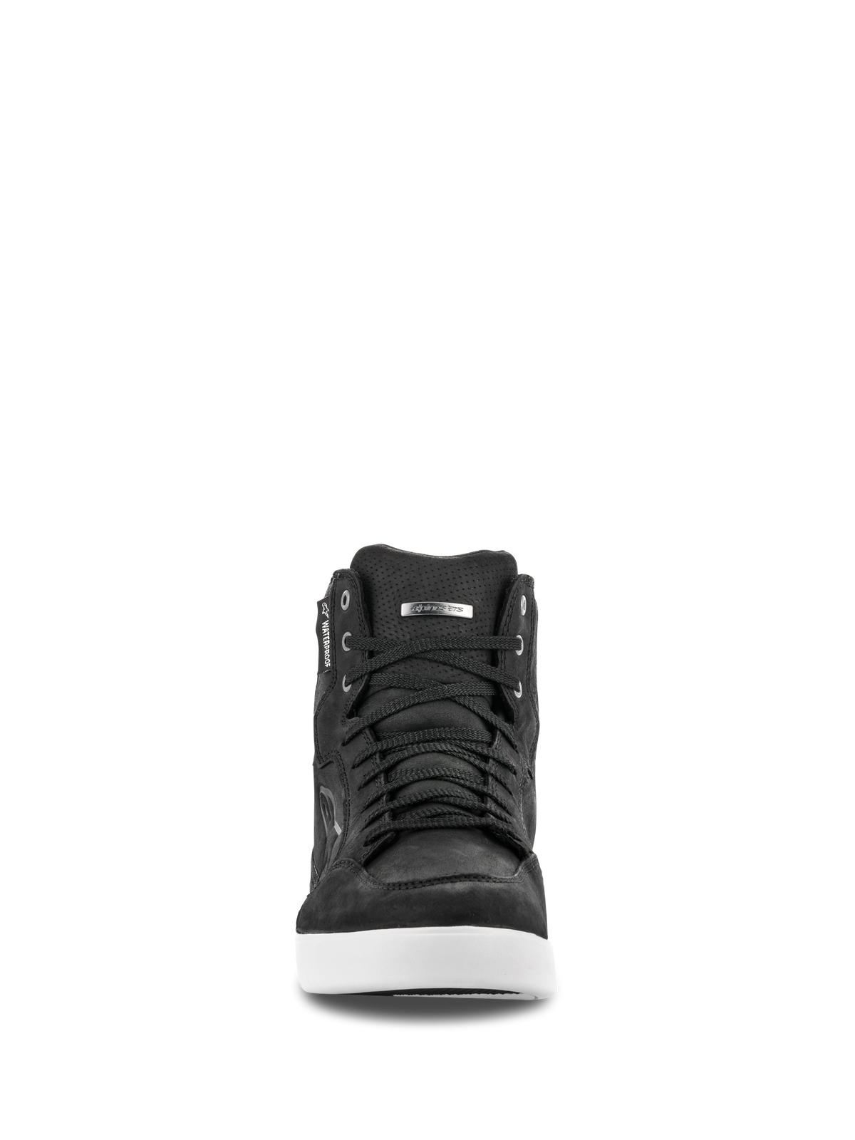 Alpinestars J-6 Waterproof schoen, vooraanzicht, zwarte leren rijschoen met witte zool, sneaker-stijl ontwerp met zwarte veters, voorzien van een waterproof label en zilveren logodetail, urban motorschoeisel