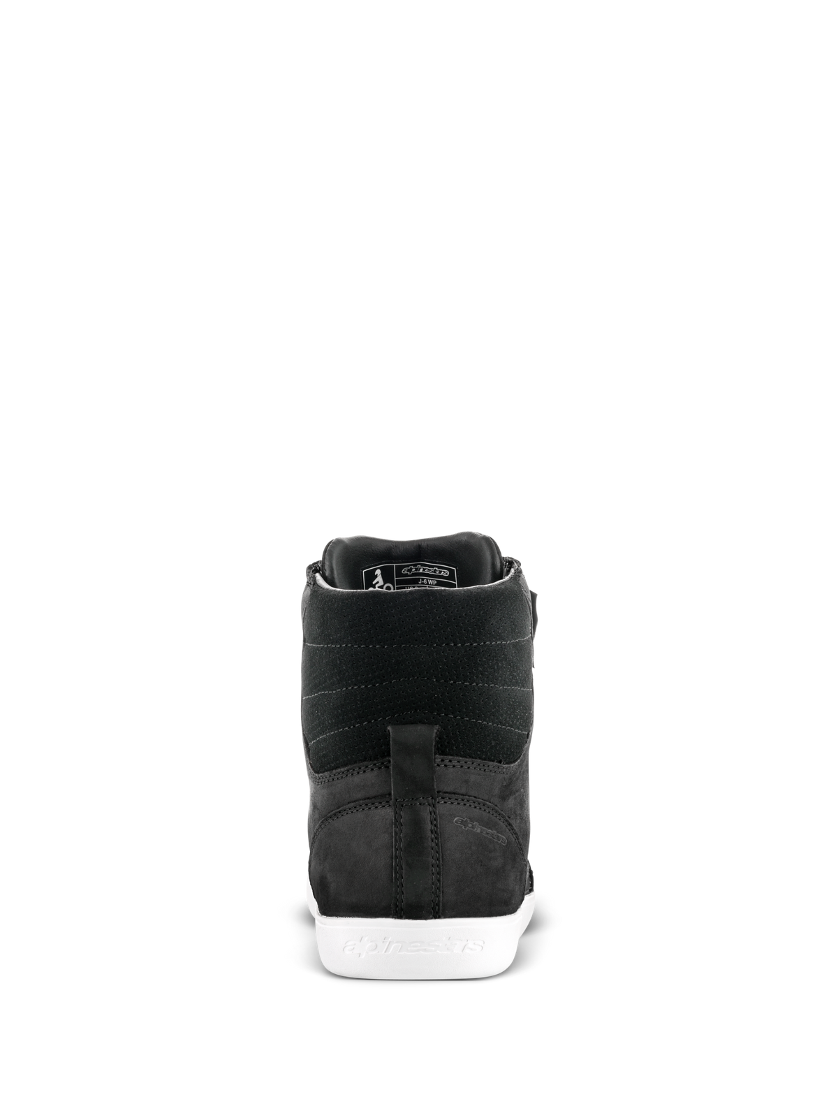 Alpinestars J-6 Waterproof schoen, motorfietsschoen, zwart en wit, achteraanzicht met de hiel en getextureerd lederen bovenwerk met een witte rubberen zool