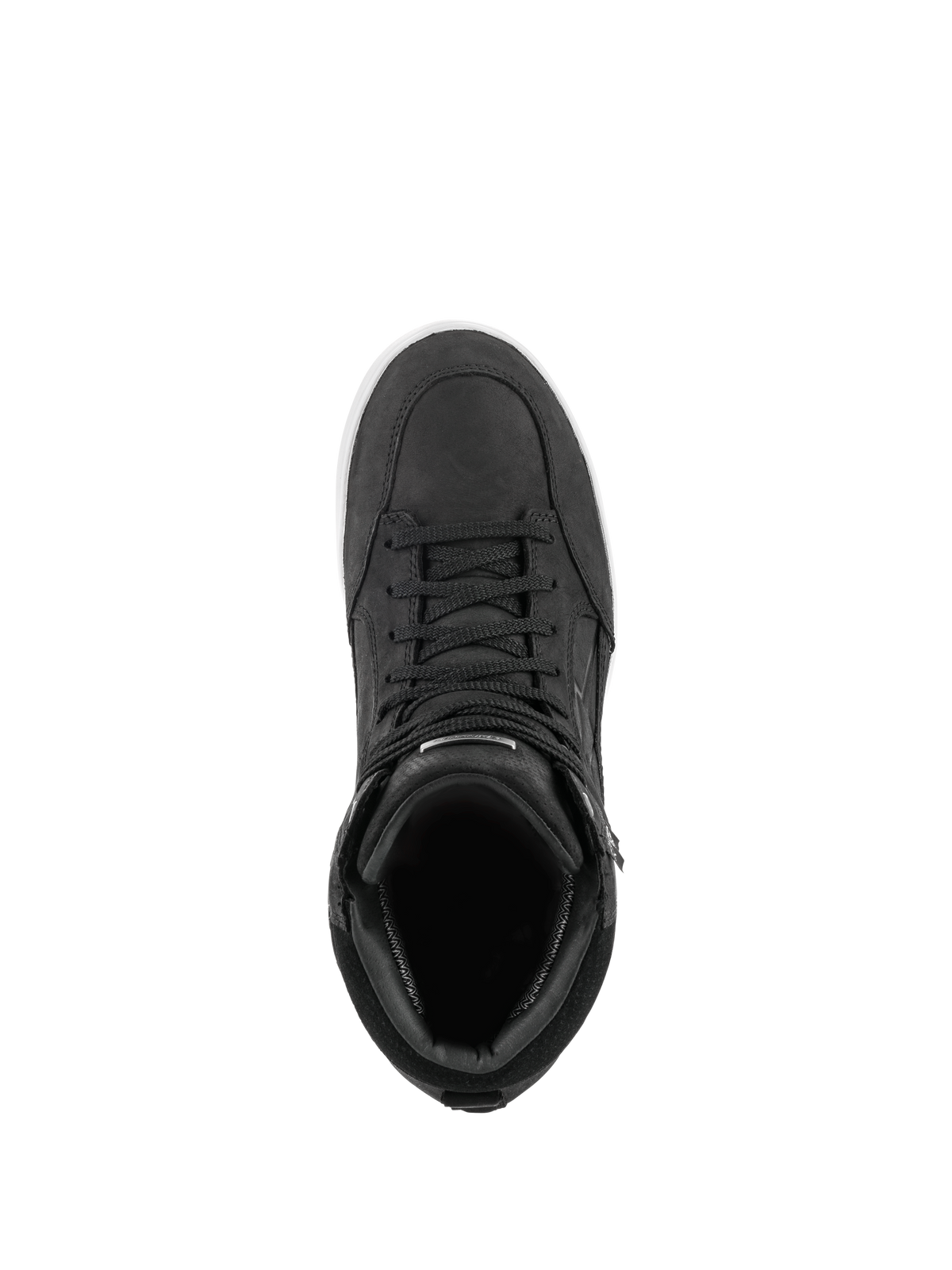 Alpinestars J-6 Waterproof Schoen, zwart en wit, bovenaanzicht van een sneaker-stijl motorlaars, hoogwaardige zwart lederen constructie met bijpassende veters en witte zool, motorschoenen voor stedelijk gebruik