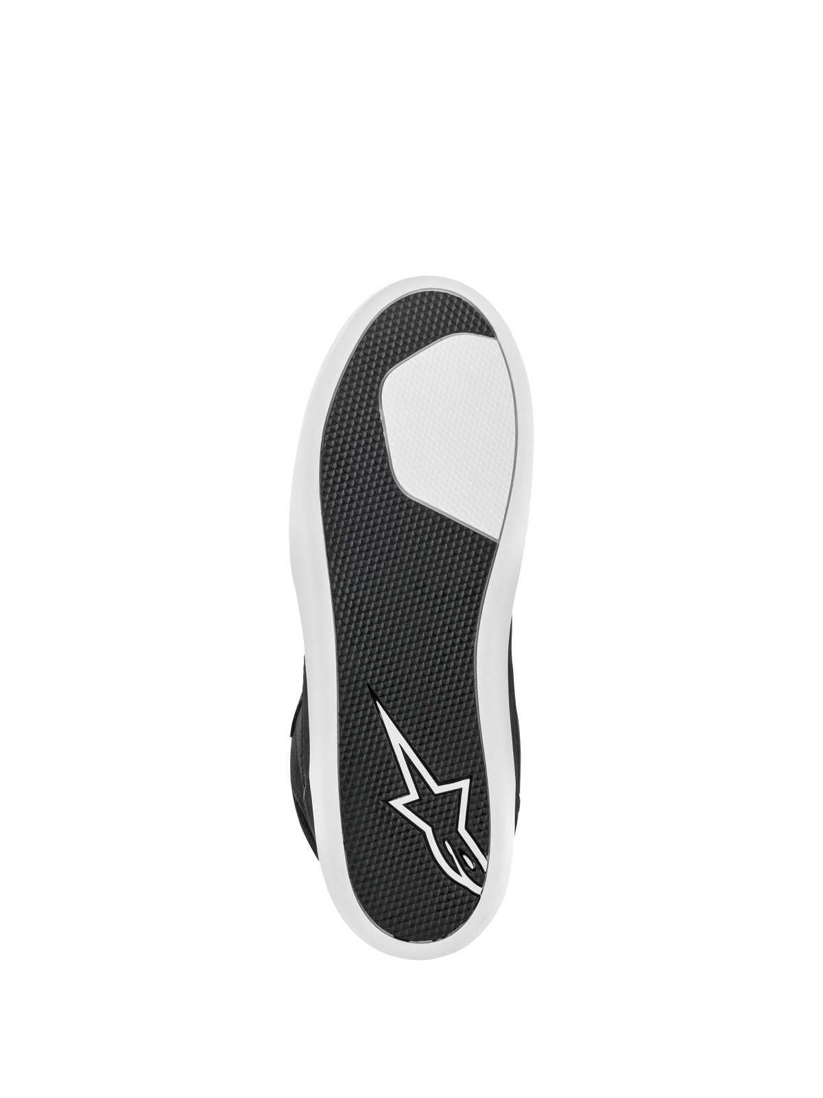 Alpinestars J-6 Waterproof Shoe, zwart en wit, onderaanzicht van de geavanceerde rubberen zool, getextureerd grippatroon voor duurzaamheid, wit sterlogo op de hiel, urban motorrijdschoeisel