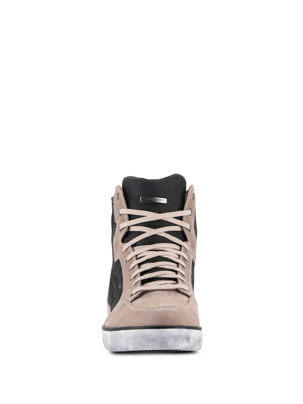 Alpinestars J-6 Waterproof schoen in Black Flint White, vooraanzicht, premium lederen motorschoen in sneakerstijl met beige veters, geperforeerde zwarte tong en verweerde witte zool.