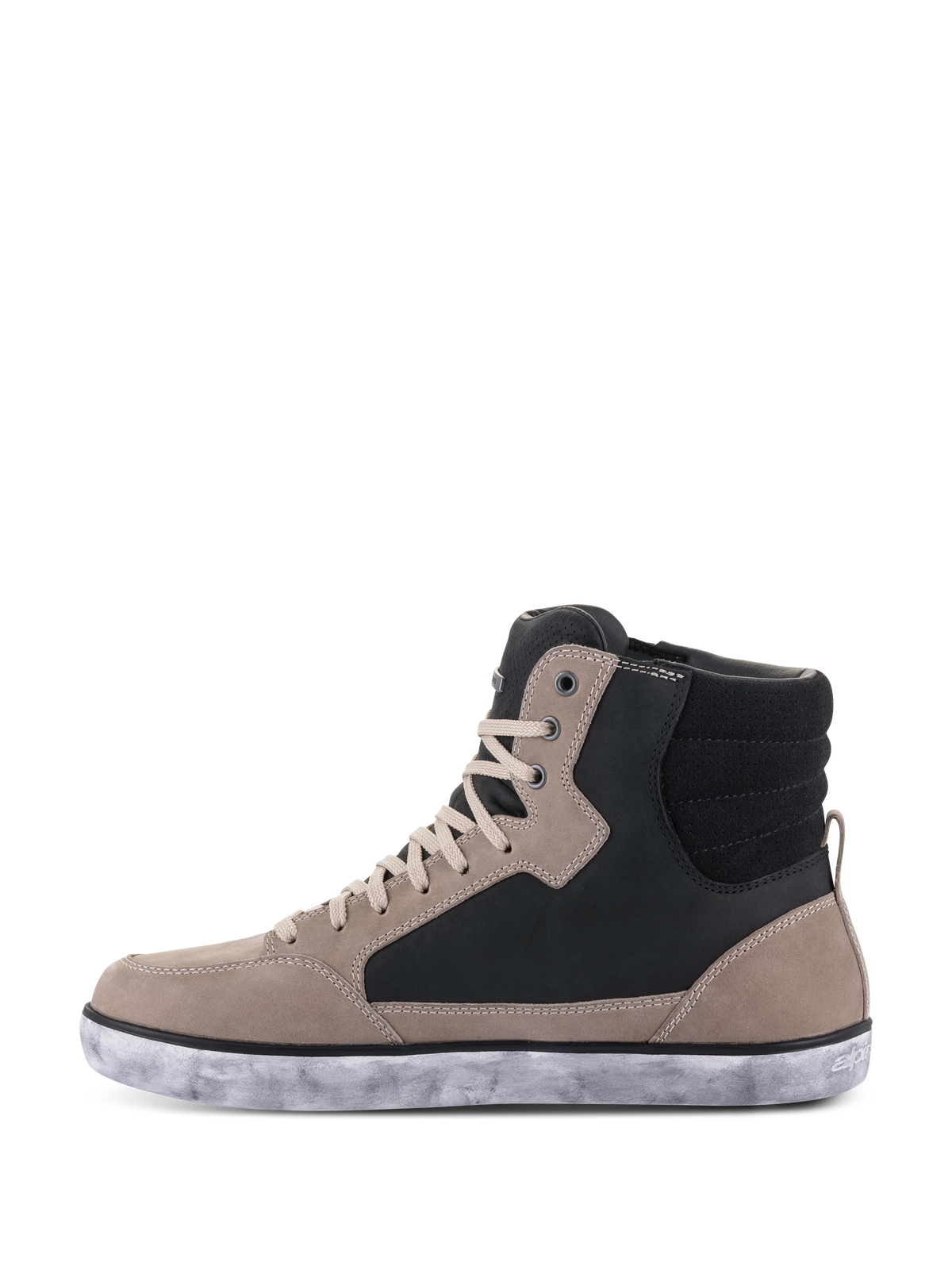 Alpinestars J-6 Waterproof Shoe, motorschoen, Black Flint White, hoge sneakerstijl met flintgrijze en zwarte leren panelen, crème veters en een gemêleerde witte rubberen zool, casual urban design voor motorrijden