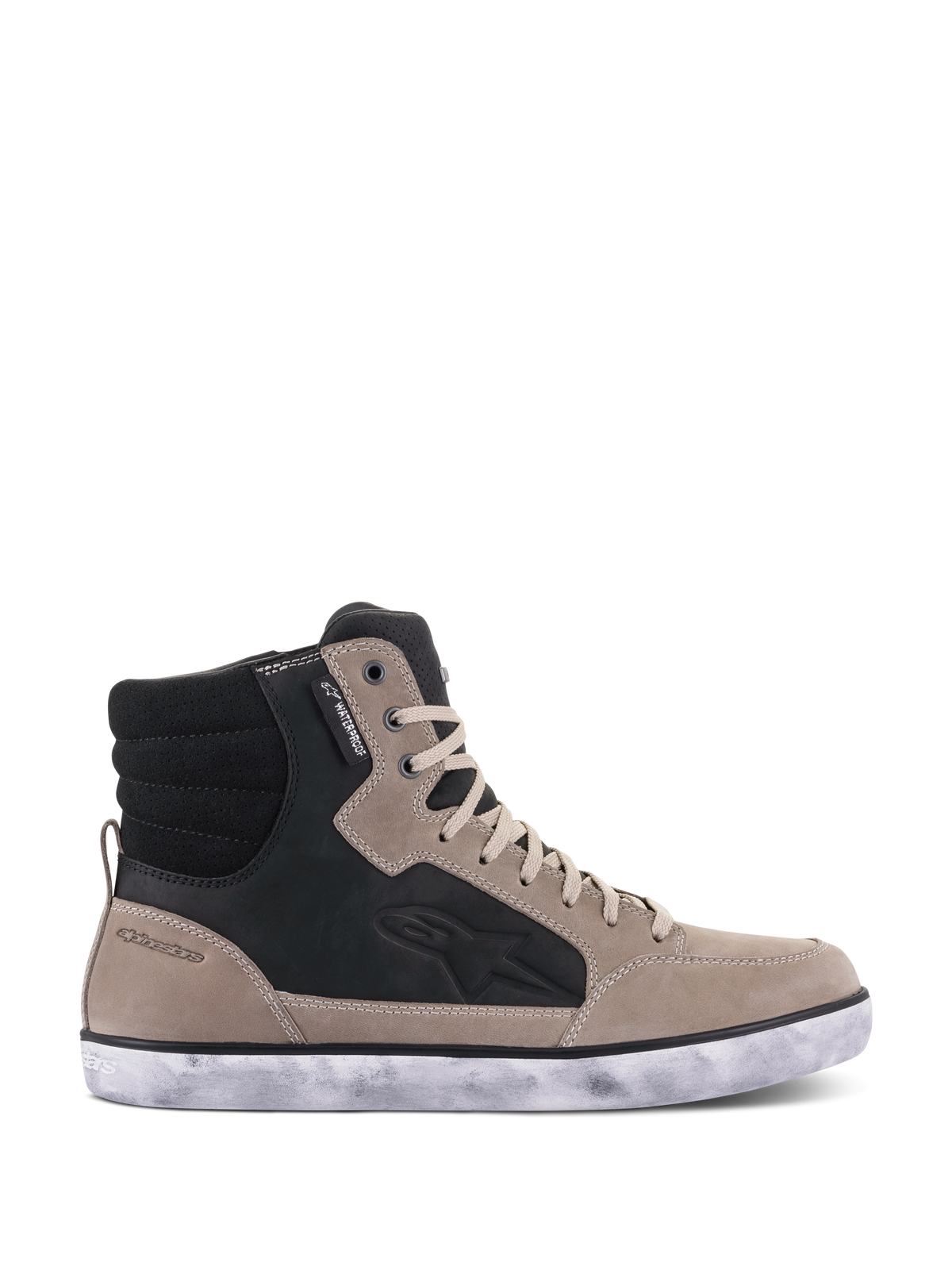 Alpinestars J-6 Waterproof schoen, motorschoen, Black Flint White, leren high-top sneaker ontwerp met een verweerde witte zool, voorzien van een waterproof label en reliëf logo op de zijkant