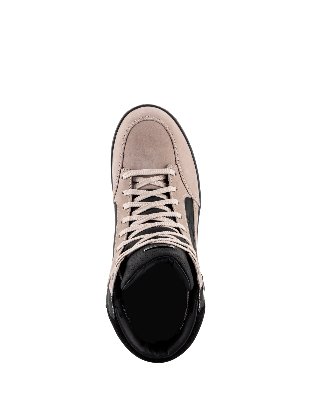 Alpinestars J-6 Waterproof schoen, urban motorschoen, Black Flint White, bovenaanzicht met suèdelederen bovenwerk, witte veters en zwarte gewatteerde kraag, casual op sneakers geïnspireerd ontwerp voor woon-werkverkeer op de motor