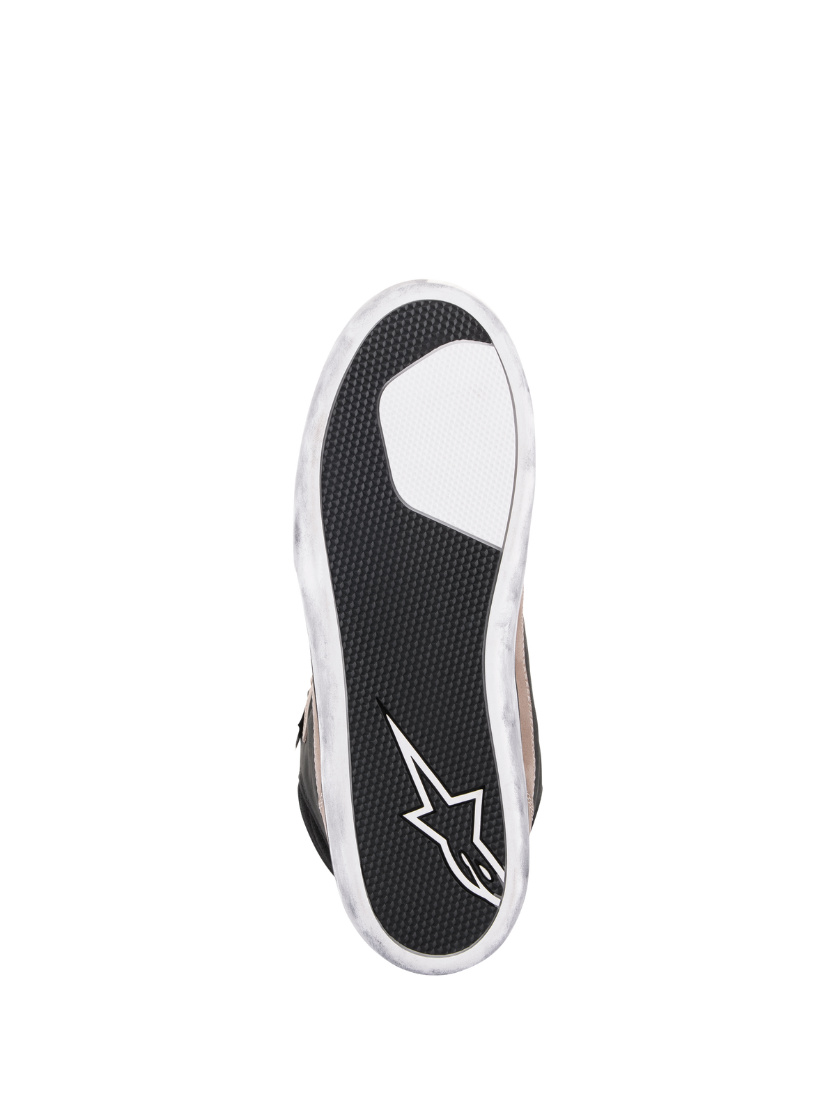 Alpinestars J-6 Waterproof schoen, motorschoen, Black Flint White, onderaanzicht van de buitenzool met getextureerd zwart rubber voor grip, wit Alpinestars-sterlogo op de hiel en verweerde witte randen
