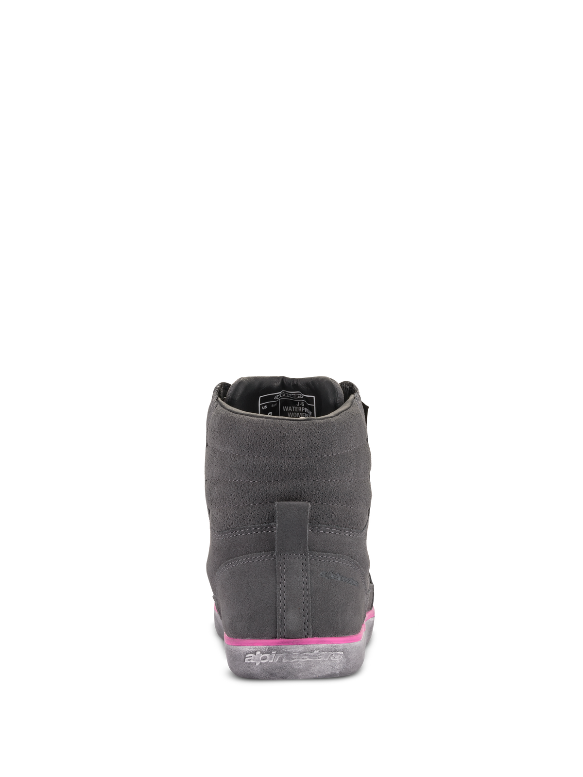 Alpinestars J-6 Waterproof damesschoen, grijs en fuchsia, achteraanzicht, suède bovenwerk met roze detail op de tussenzool en reliëflogo op de rubberen zool, urban motorschoeisel