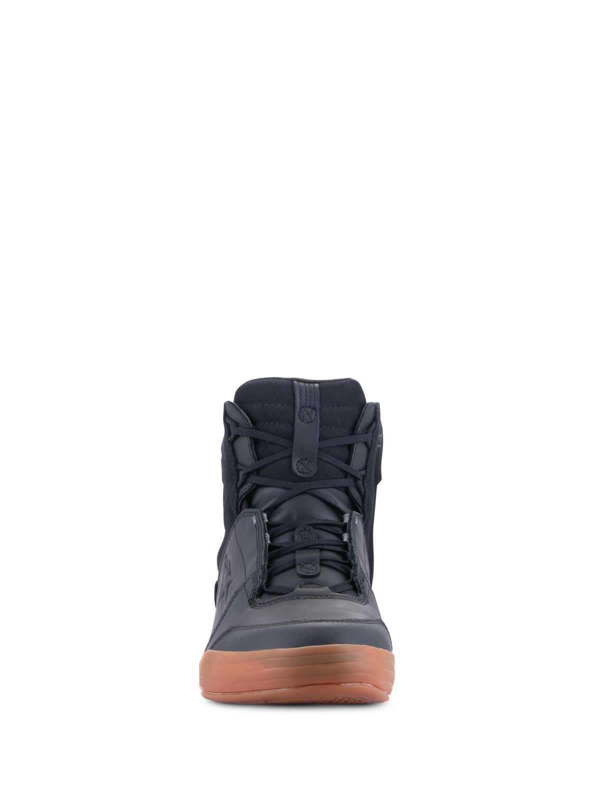 Alpinestars Chrome Drystar® Shoes, zwart en gum, vooraanzicht van urban motorrijschoen, casual hoge sneakerstijl met veters, constructie van leer en suède met een bruine gumzool