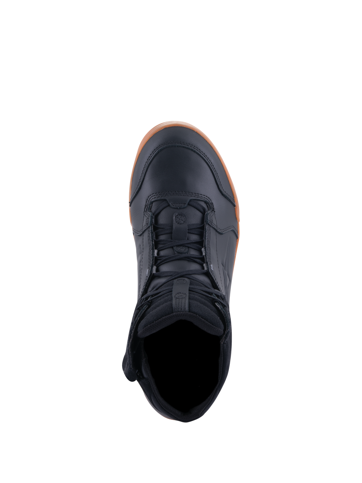 Alpinestars Chrome Drystar® schoenen, motorschoenen, zwart en gum, bovenaanzicht met vetersluiting en gevoerde kraag, casual stedelijk ontwerp met lederen bovenwerk en gumrubberen zool