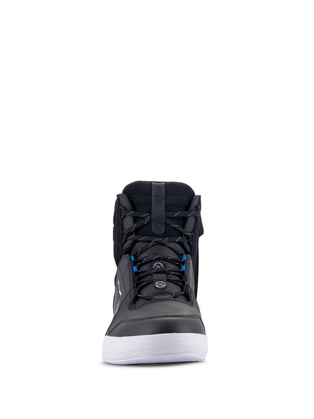 Alpinestars Chrome Drystar® schoenen, urban motorschoenen, zwart wit en blauw, vooraanzicht met zwart leren bovenwerk, witte zool, blauwe veteraccenten, casual high-top ontwerp voor stedelijk rijden