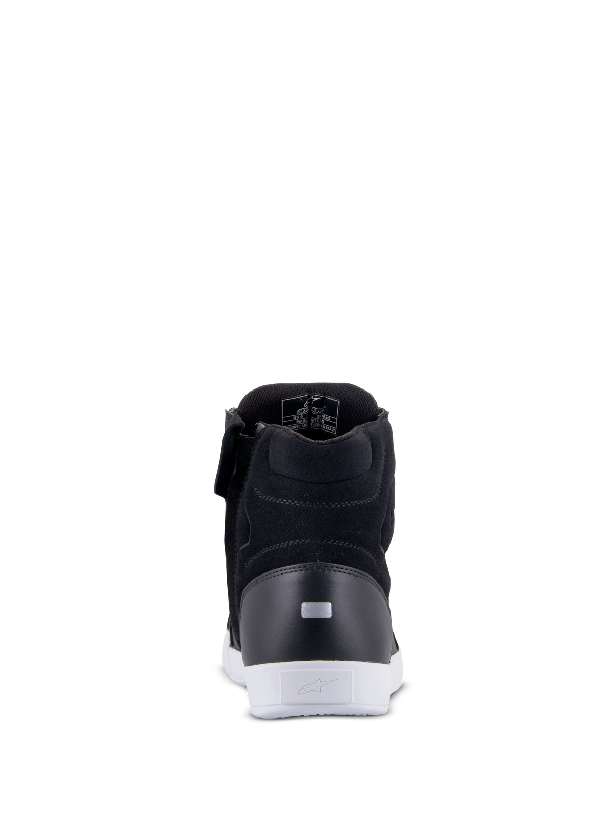 Alpinestars Chrome Drystar® schoenen, urban motorschoenen, zwart en wit, achteraanzicht met reflecterend hielstuk, witte urban zool met logo, constructie van leer en suède voor stedelijk rijcomfort