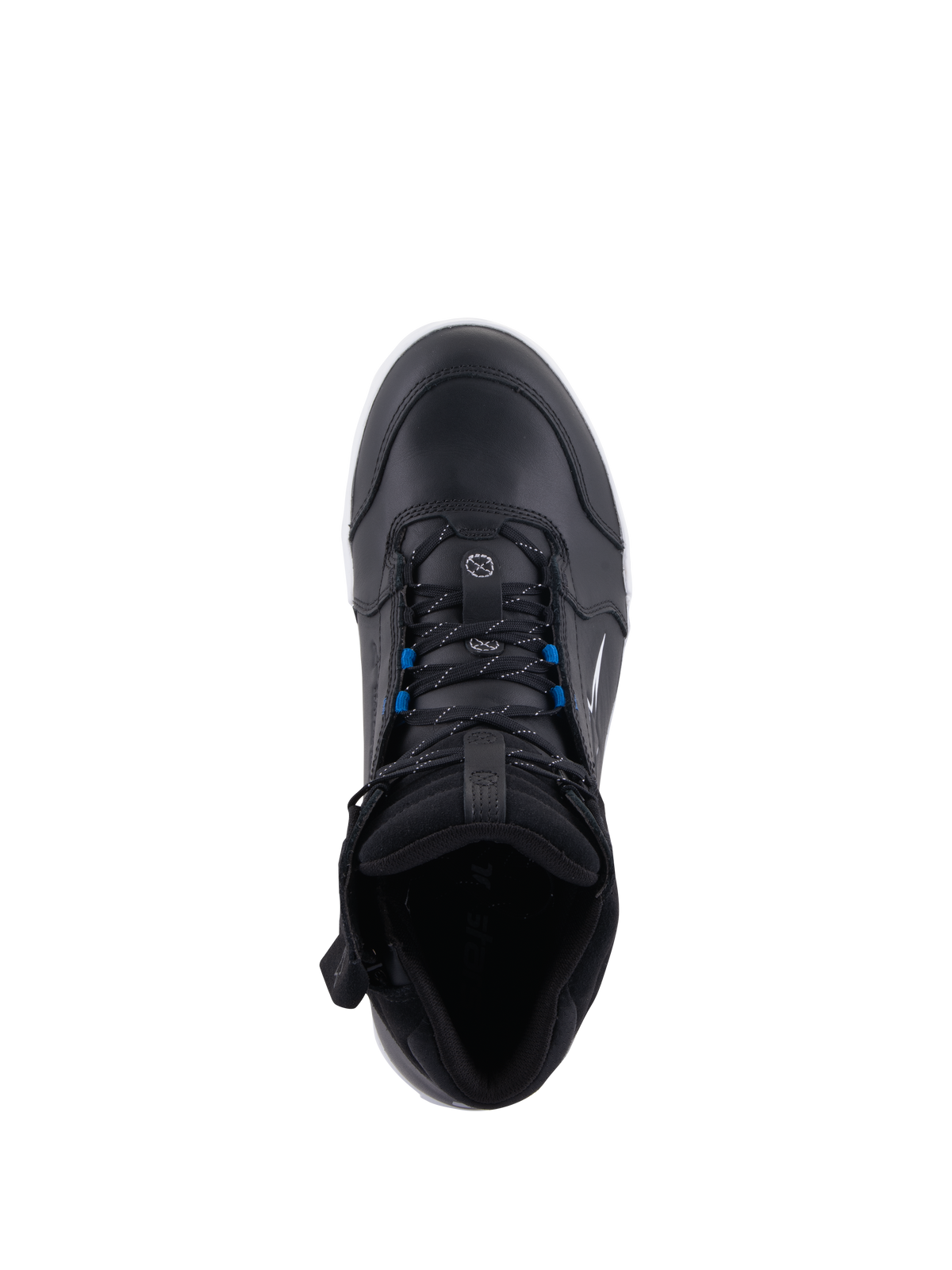 Alpinestars Chrome Drystar® schoenen, urban motorschoenen, zwart wit blauw, bovenaanzicht met zwarte veters met blauwe accenten, premium leren constructie en beschermend ontwerp in straatstijl