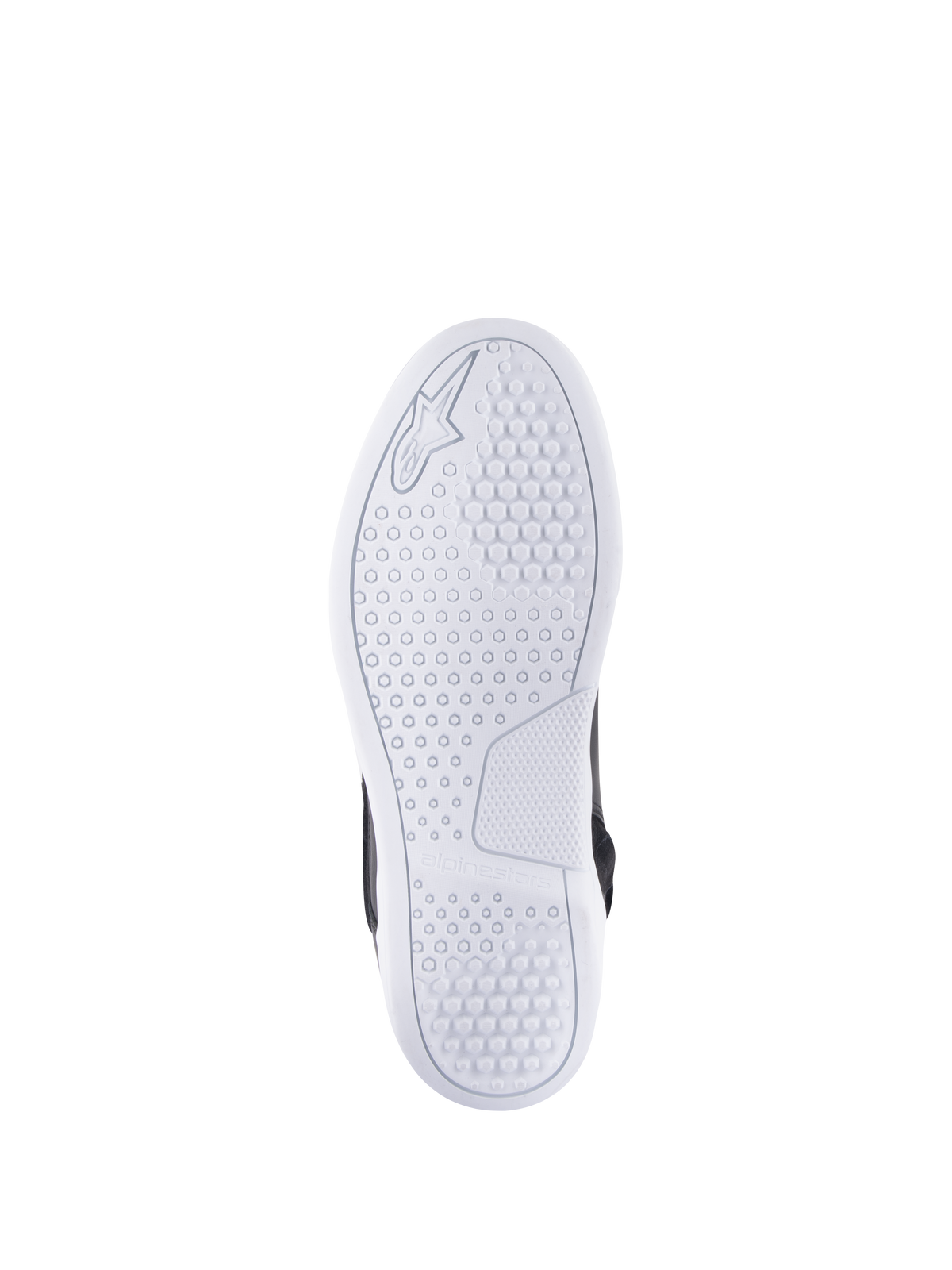 Alpinestars Chrome Drystar® schoenen, onderaanzicht van de zool, wit, voorzien van een hexagonaal grippatroon voor tractie, Alpinestars-logo en merknaam in reliëf, casual urban motorrijschoen